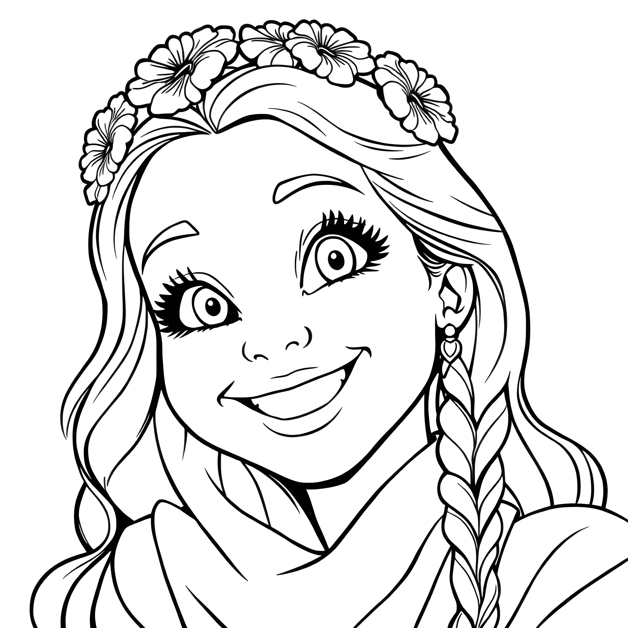 Samantha Saint in a Floral Crown Coloring Page (free black-and-white line drawing printable PDF for all, from beginners to advanced learners, including children, teens, adults, and seniors)