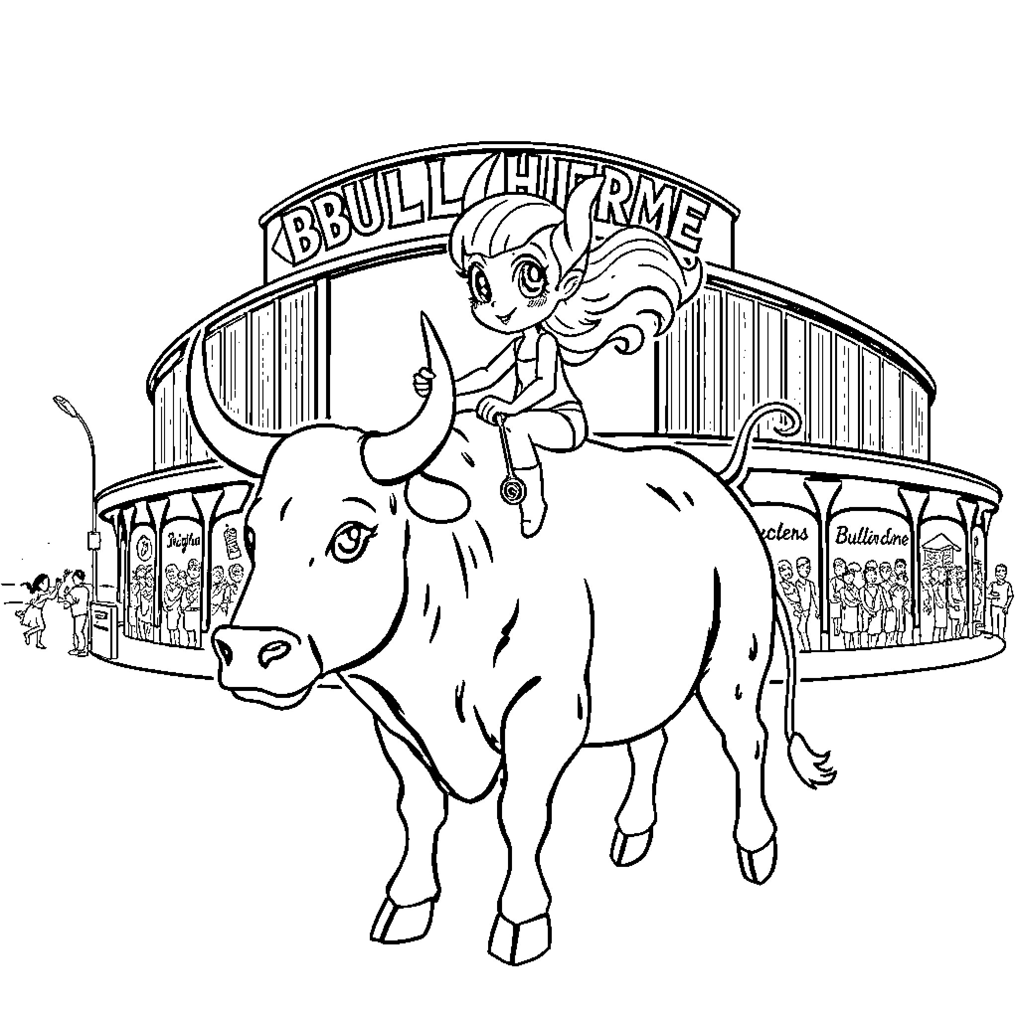 Celebi riding a bull at the circus Coloring Page (free black-and-white line drawing printable PDF for all, from beginners to advanced learners, including children, teens, adults, and seniors)