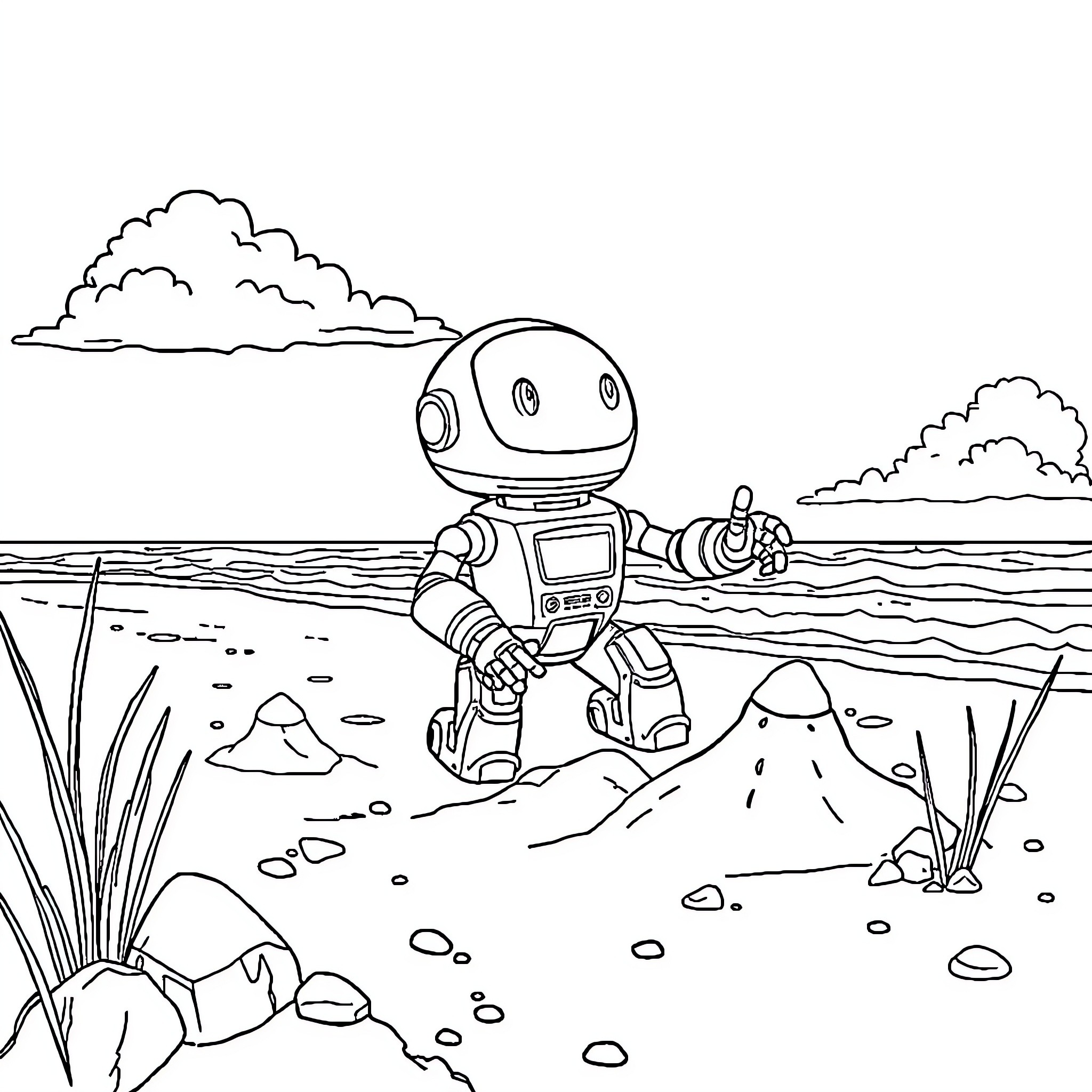 Astro Bot exploring the beach landscape Coloring Page (free black-and-white line drawing printable PDF for all, from beginners to advanced learners, including children, teens, adults, and seniors)