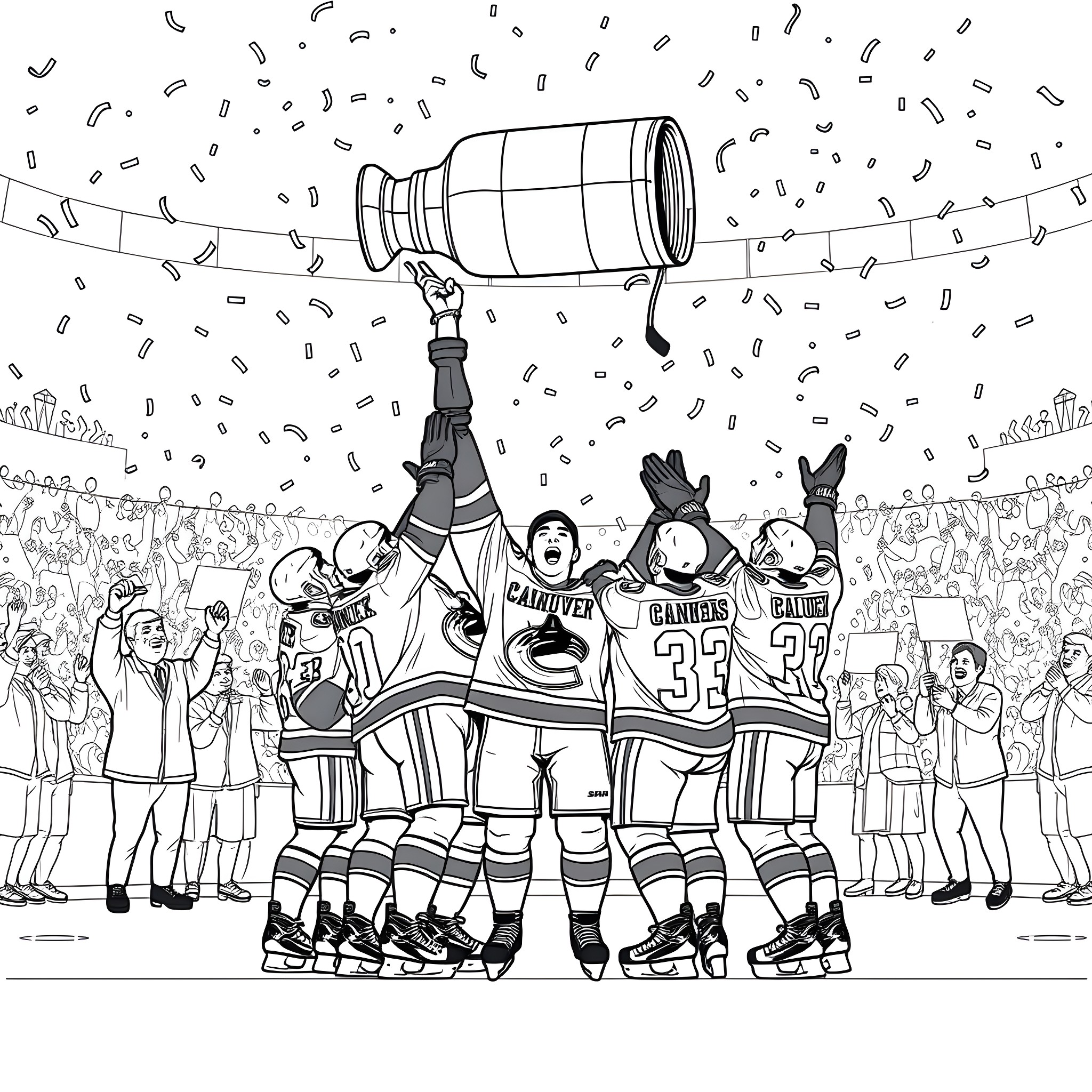 Canuck hockey players celebrating championship victory Coloring Page (free black-and-white line drawing printable PDF for all, from beginners to advanced learners, including children, teens, adults, and seniors)