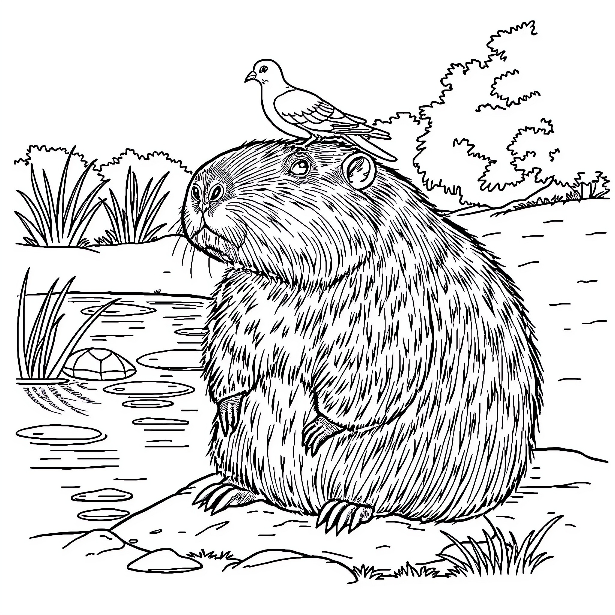 Capybara in serene outdoor setting with bird Coloring Page (free black-and-white line drawing printable PDF for all, from beginners to advanced learners, including children, teens, adults, and seniors)