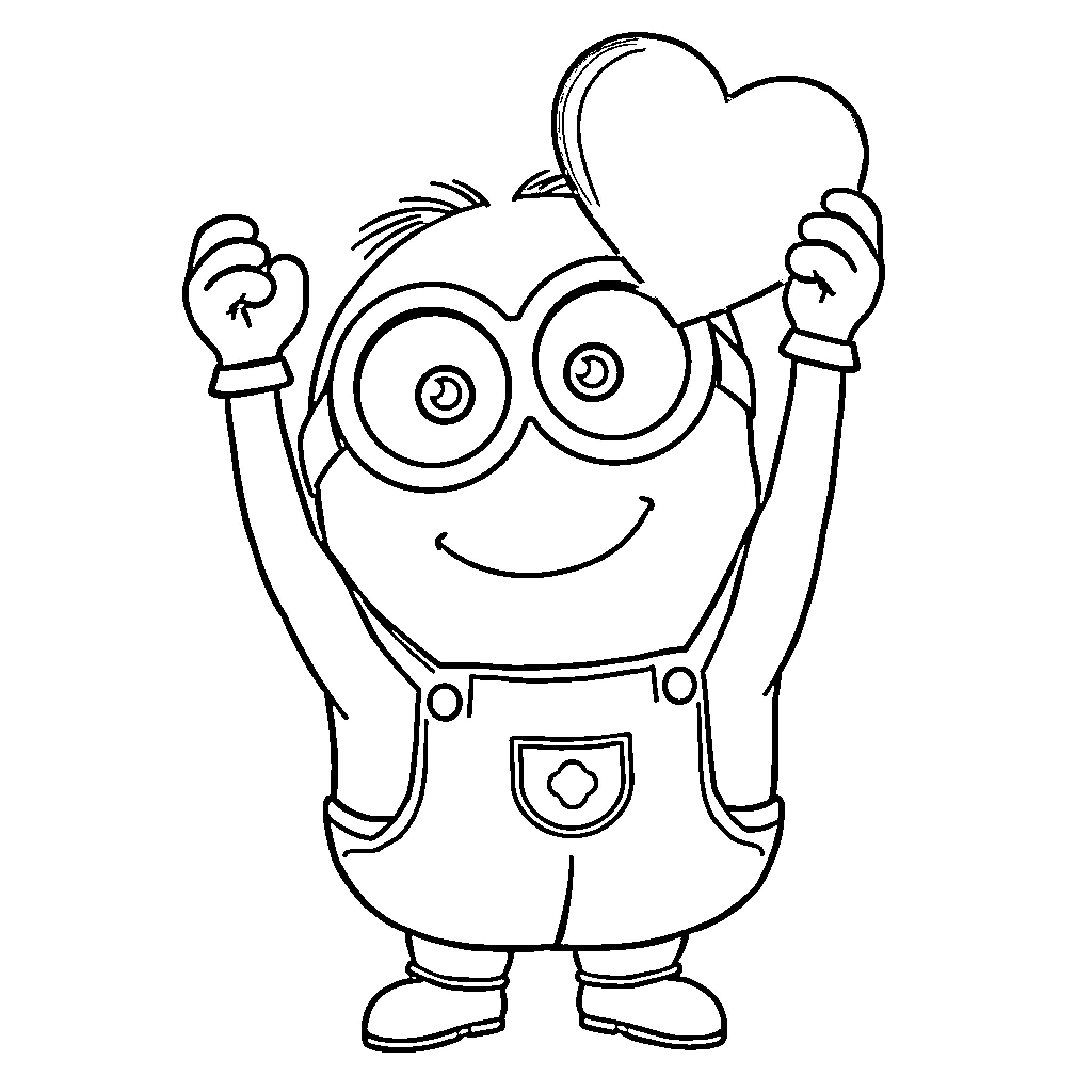 Minion cheerfully holding a heart-shaped cloud Coloring Page (free black-and-white line drawing printable PDF for all, from beginners to advanced learners, including children, teens, adults, and seniors)