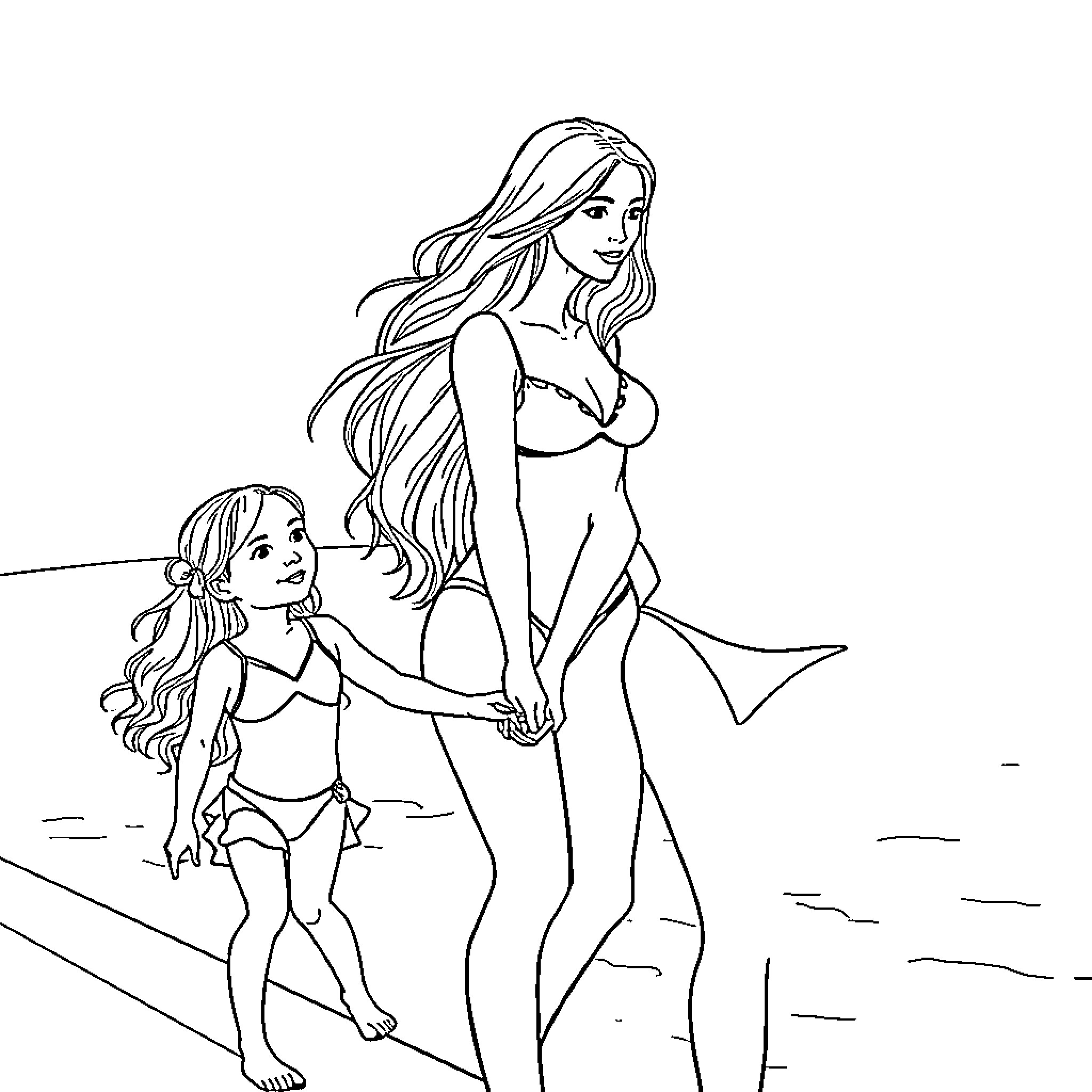 Woman and Child at the Beach Coloring Page (free black-and-white line drawing printable PDF for all, from beginners to advanced learners, including children, teens, adults, and seniors)