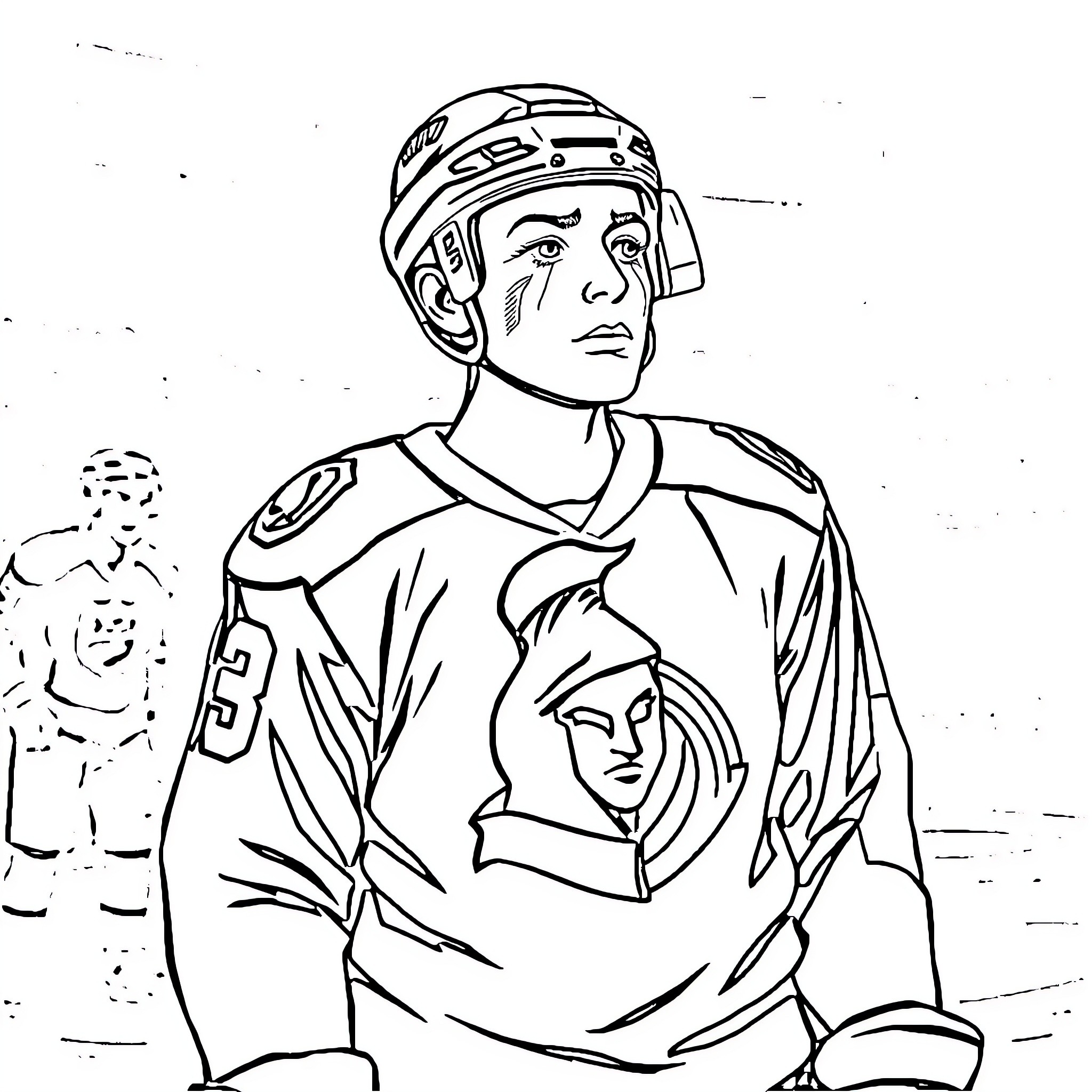 Hockey Player in Uniform on the Ice Coloring Page (free black-and-white line drawing printable PDF for all, from beginners to advanced learners, including children, teens, adults, and seniors)