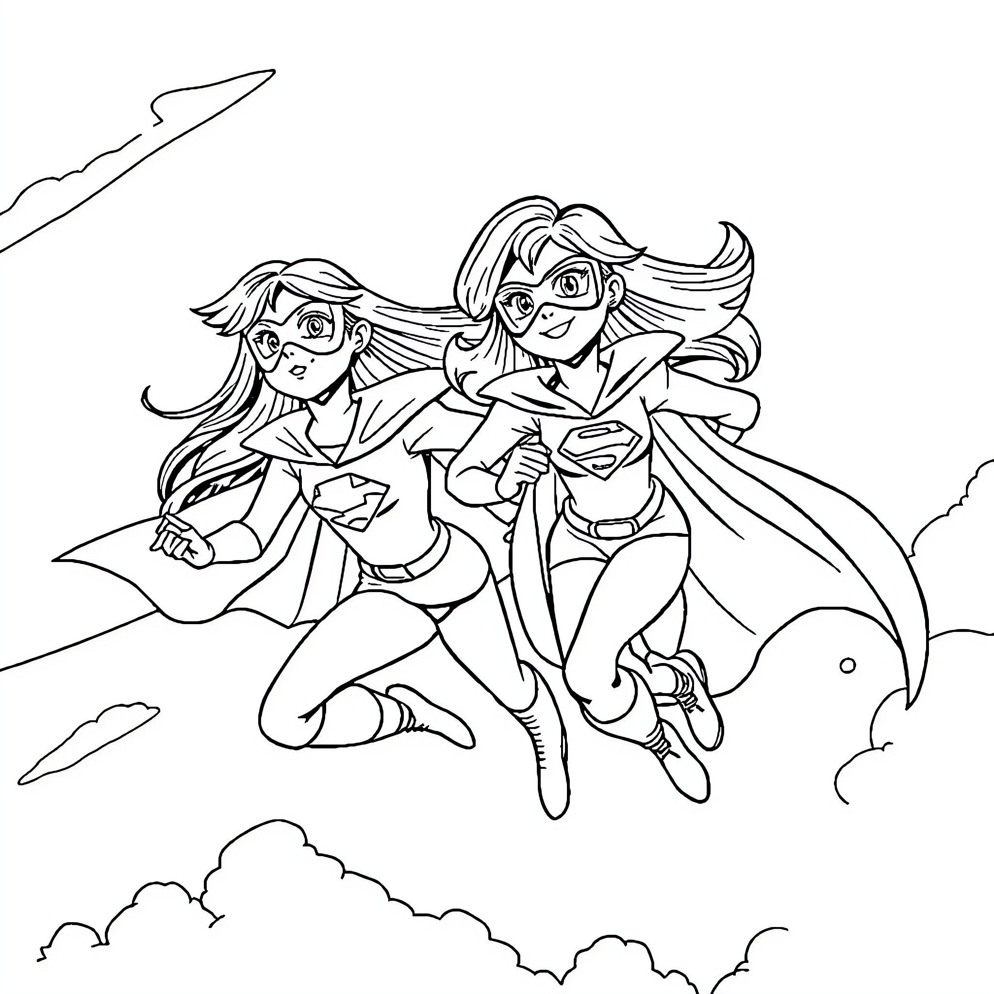 Super Hero Girls Flying Heroically in the Sky Coloring Page (free black-and-white line drawing printable PDF for all, from beginners to advanced learners, including children, teens, adults, and seniors)