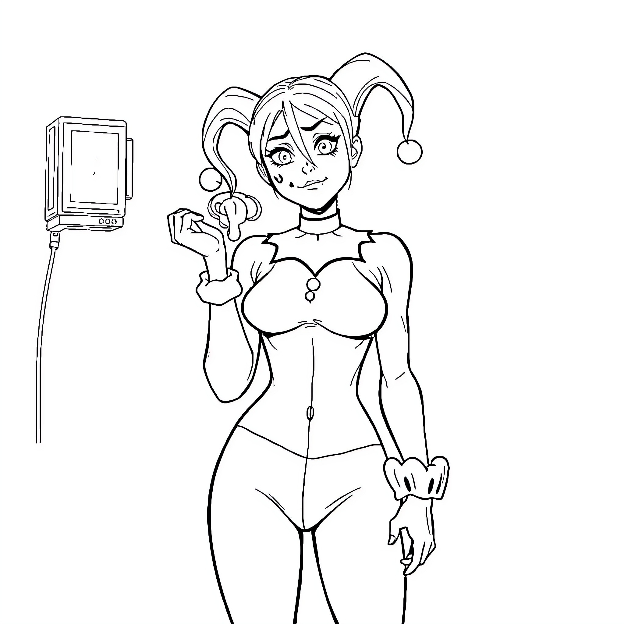 Harley Quinn posing with a gaming device Coloring Page (free black-and-white line drawing printable PDF for all, from beginners to advanced learners, including children, teens, adults, and seniors)
