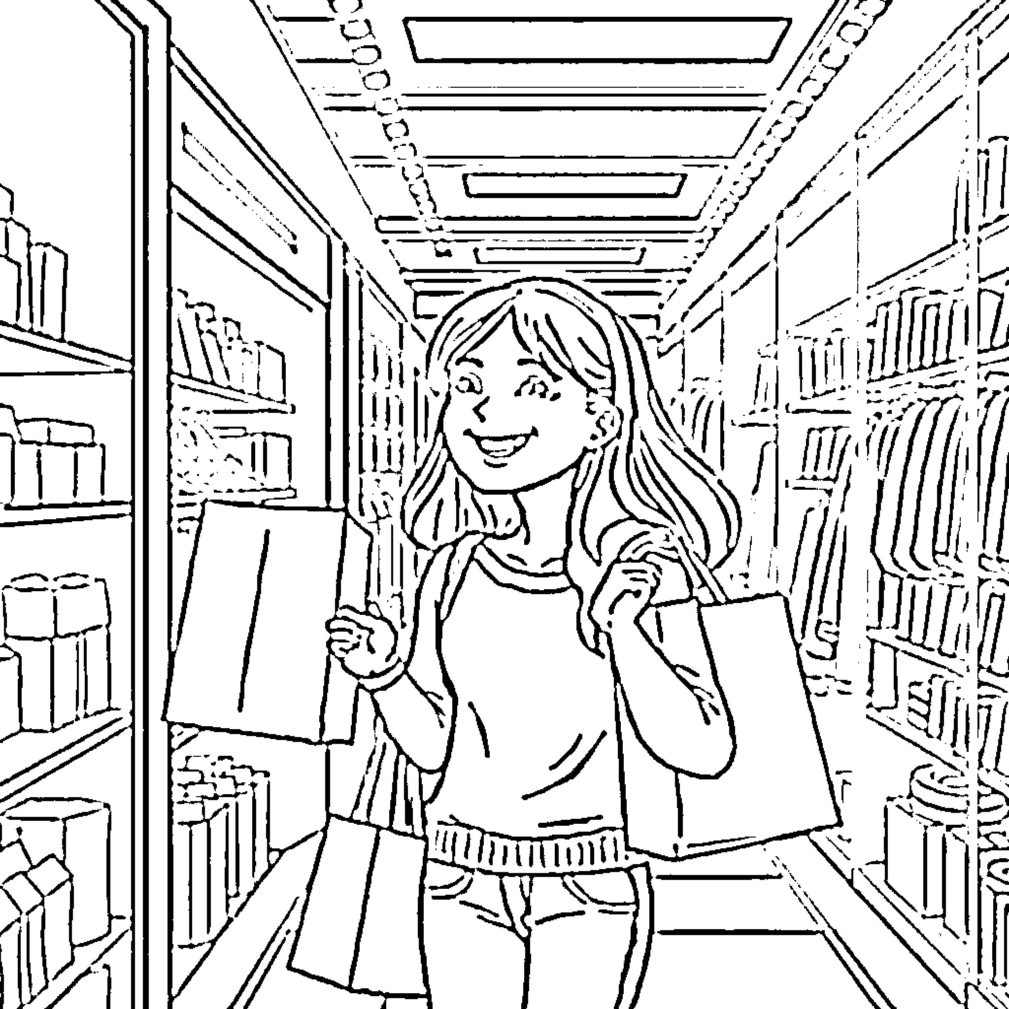 Girl browsing books at the library Coloring Page (free black-and-white line drawing printable PDF for all, from beginners to advanced learners, including children, teens, adults, and seniors)