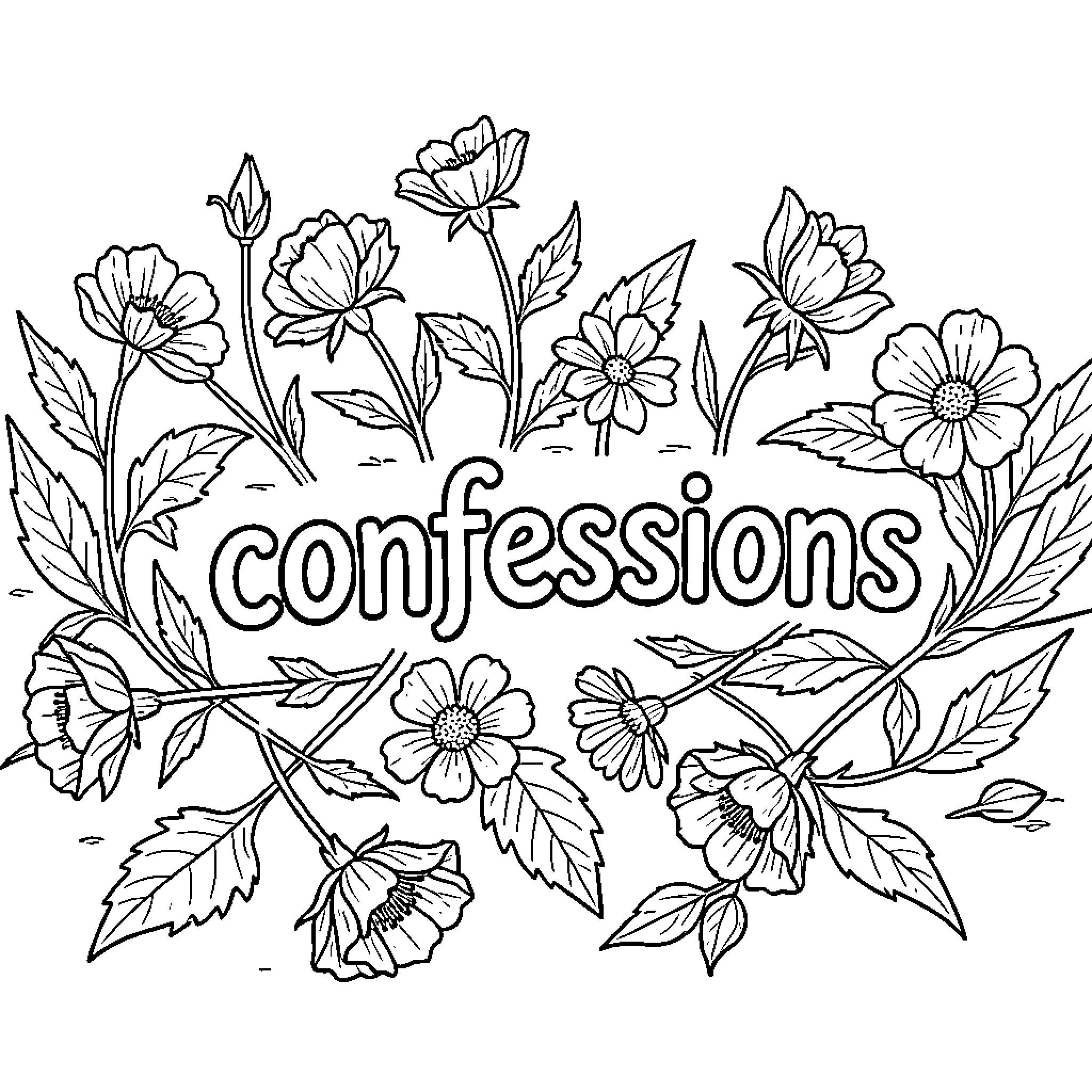 Confession surrounded by a blooming floral wreath Coloring Page (free black-and-white line drawing printable PDF for all, from beginners to advanced learners, including children, teens, adults, and seniors)