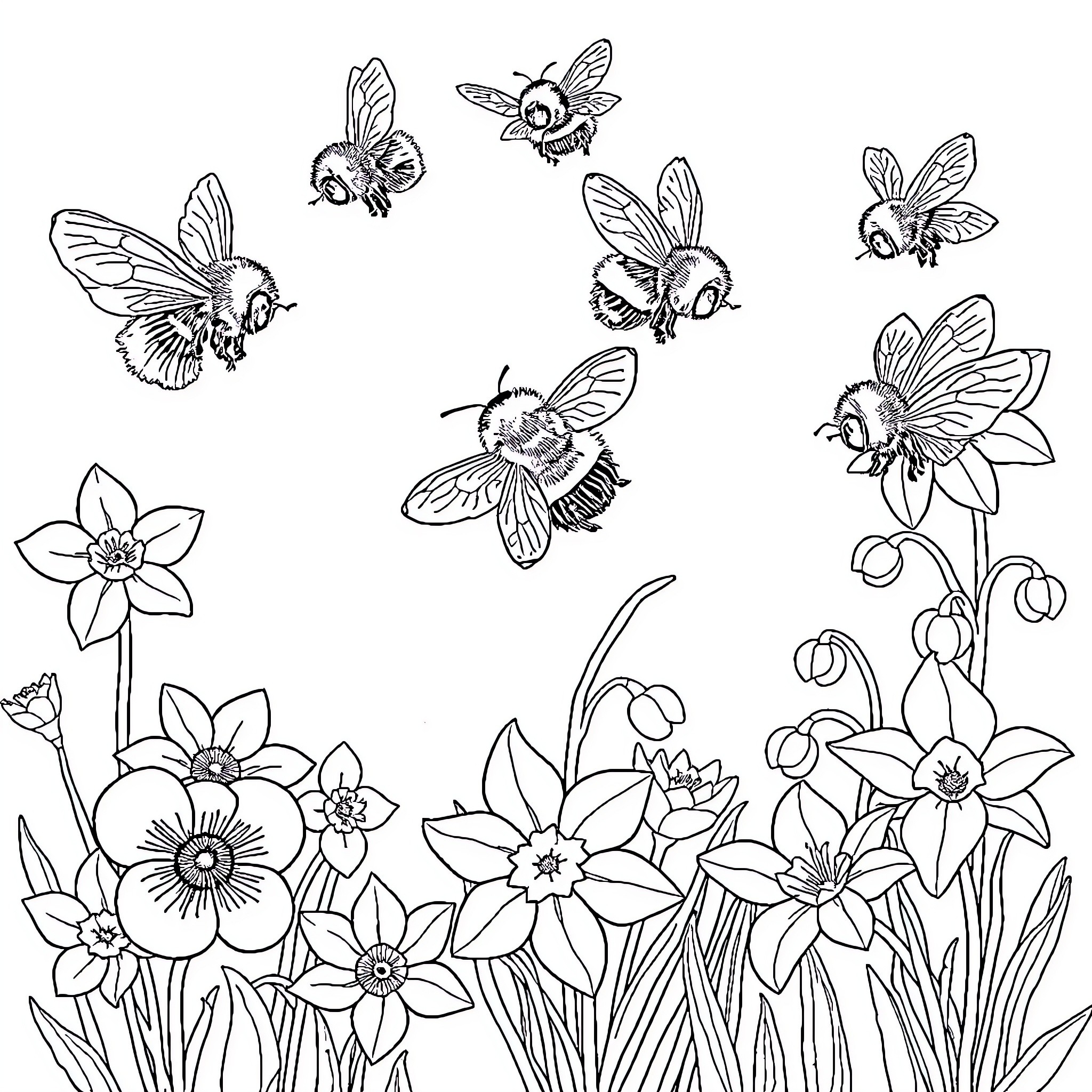 Bumblebees pollinating beautiful spring flowers Coloring Page (free black-and-white line drawing printable PDF for all, from beginners to advanced learners, including children, teens, adults, and seniors)