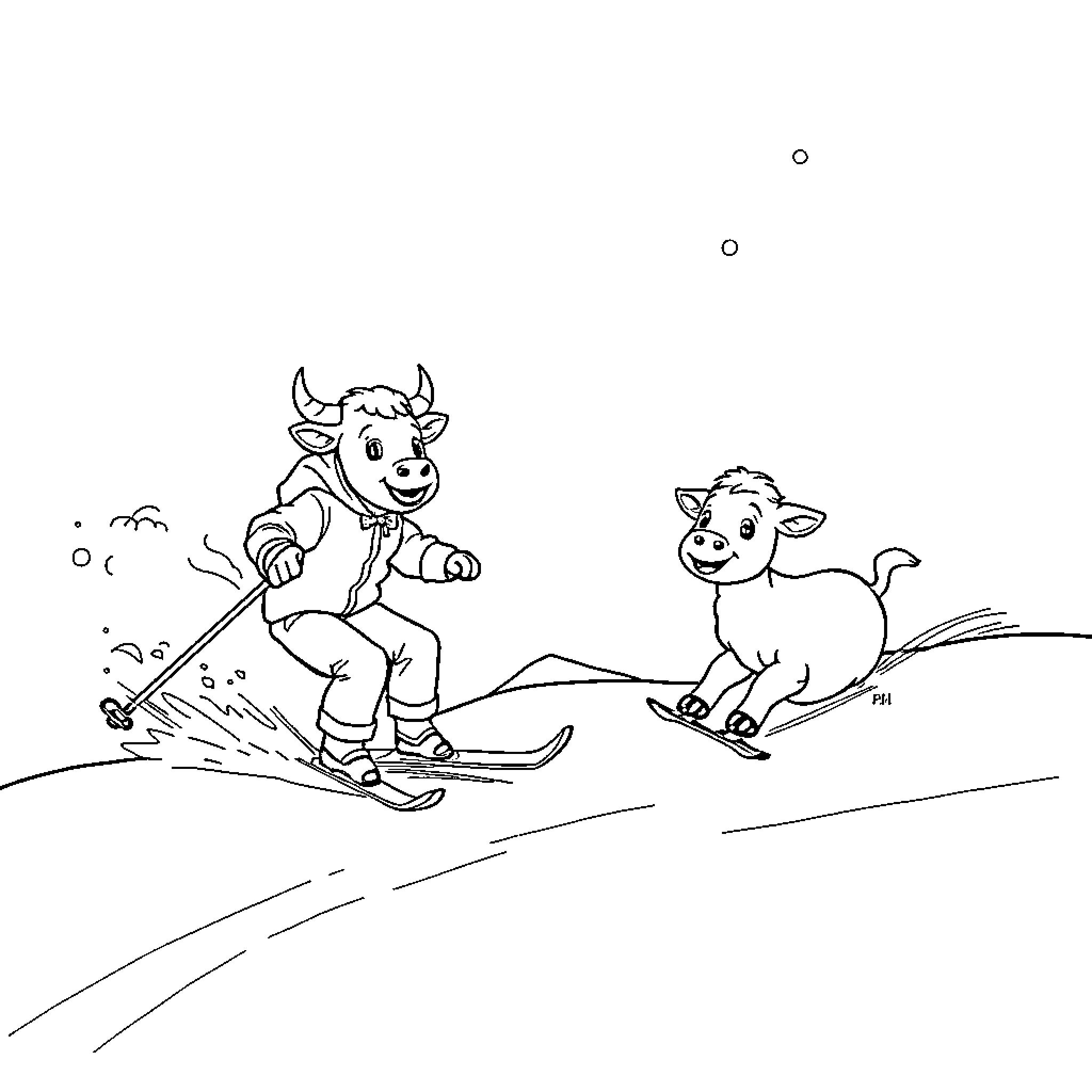 Vaca skiing happily with goat on the snowy slopes Coloring Page (free black-and-white line drawing printable PDF for all, from beginners to advanced learners, including children, teens, adults, and seniors)
