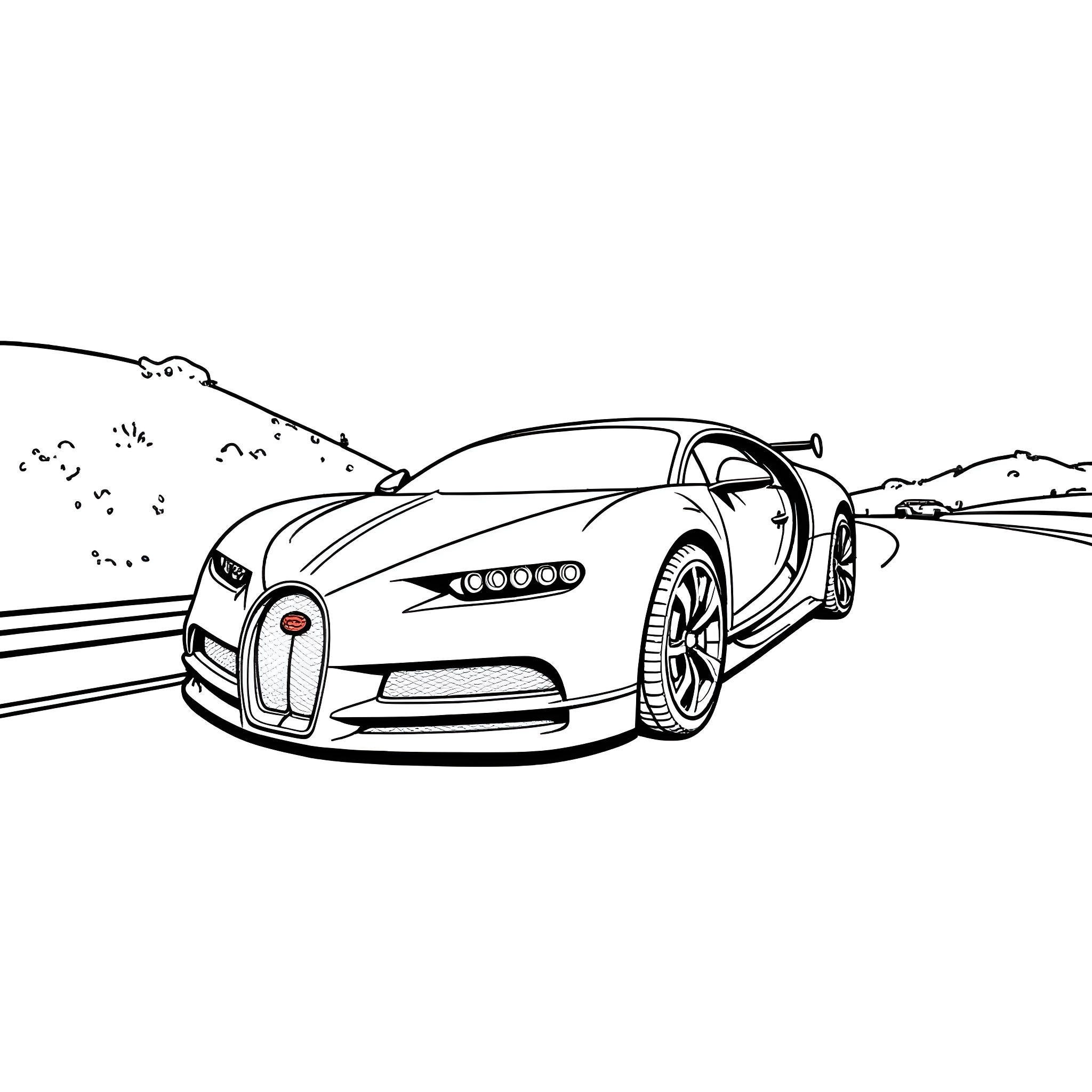 Bugatti supercar speeding through the open road Coloring Page (free black-and-white line drawing printable PDF for all, from beginners to advanced learners, including children, teens, adults, and seniors)