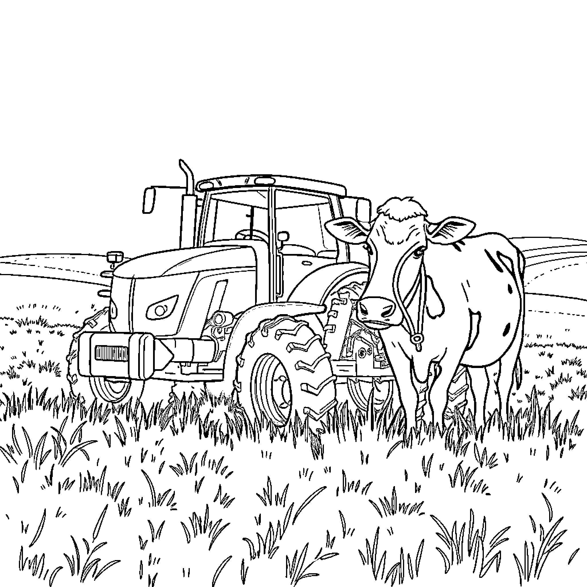Tractor plowing field with cows Coloring Page (free black-and-white line drawing printable PDF for all, from beginners to advanced learners, including children, teens, adults, and seniors)
