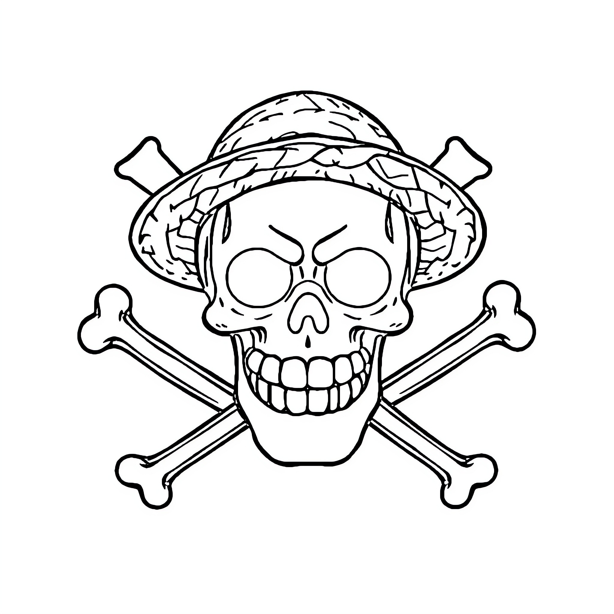 One Piece Skull with Crossbones and Straw Hat Coloring Page (free black-and-white line drawing printable PDF for all, from beginners to advanced learners, including children, teens, adults, and seniors)