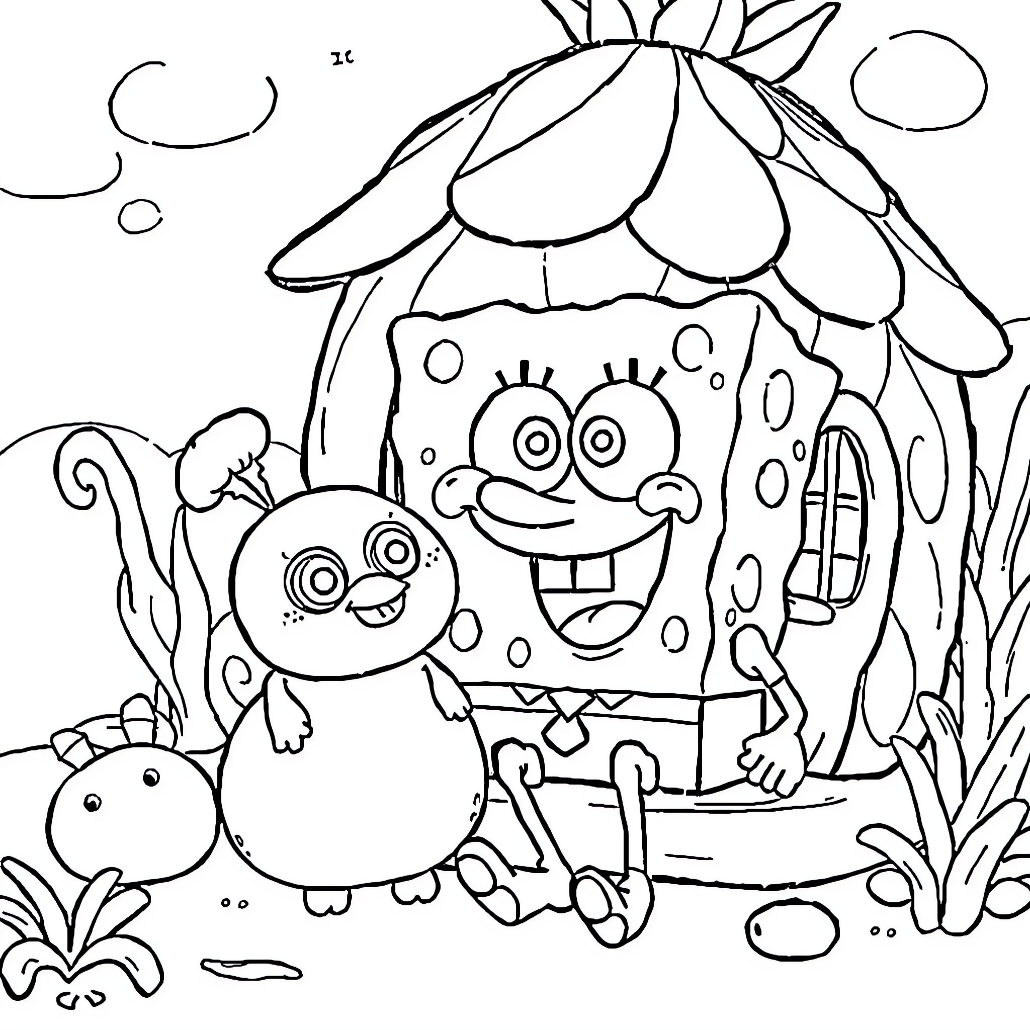 Spongebob and friends in an underwater scene Coloring Page (free black-and-white line drawing printable PDF for all, from beginners to advanced learners, including children, teens, adults, and seniors)