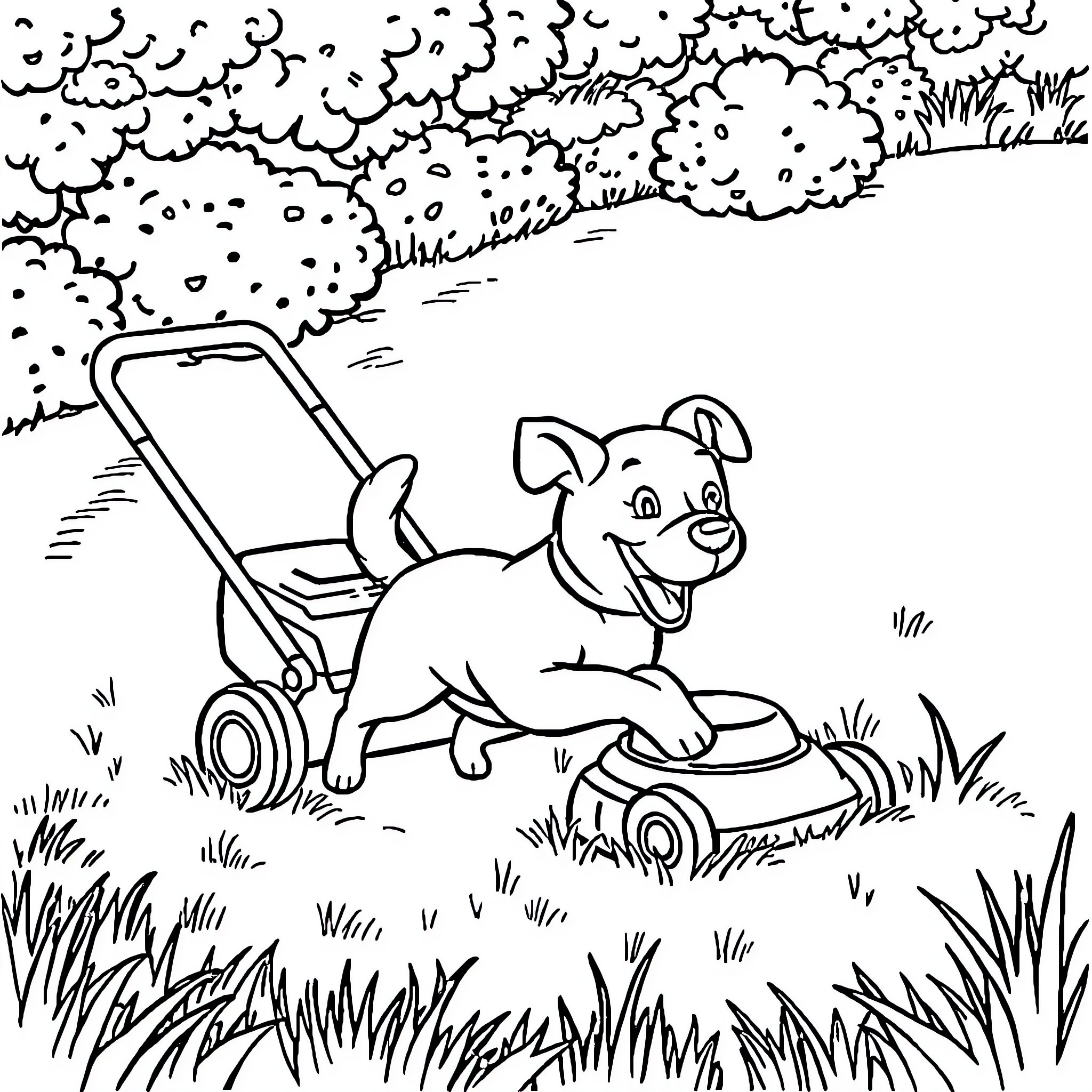 Dog playing with lawnmower in the yard Coloring Page (free black-and-white line drawing printable PDF for all, from beginners to advanced learners, including children, teens, adults, and seniors)