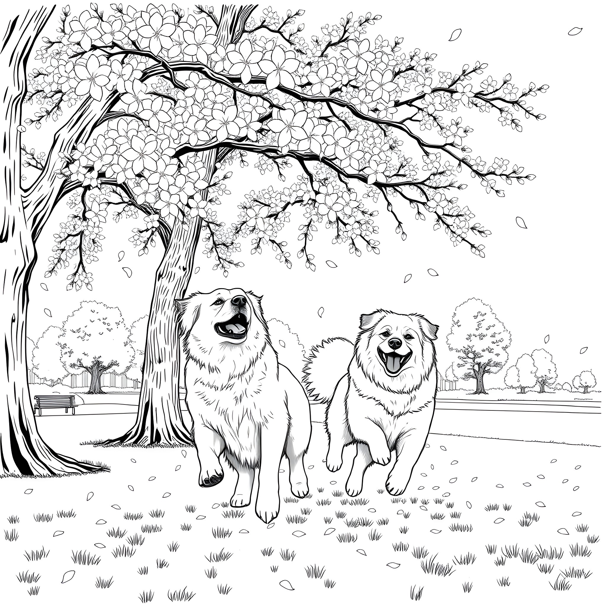 Dogs playing happily under the blooming tree Coloring Page (free black-and-white line drawing printable PDF for all, from beginners to advanced learners, including children, teens, adults, and seniors)