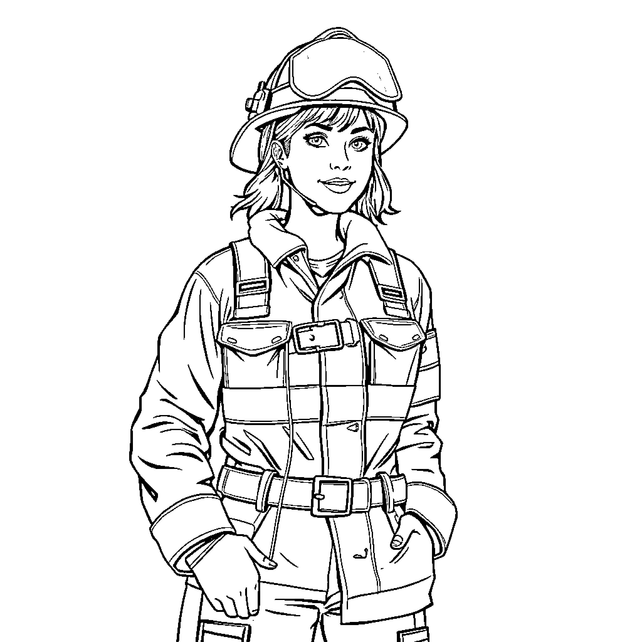 Firefighter Responding to an Emergency with Protective Gear Coloring Page (free black-and-white line drawing printable PDF for all, from beginners to advanced learners, including children, teens, adults, and seniors)
