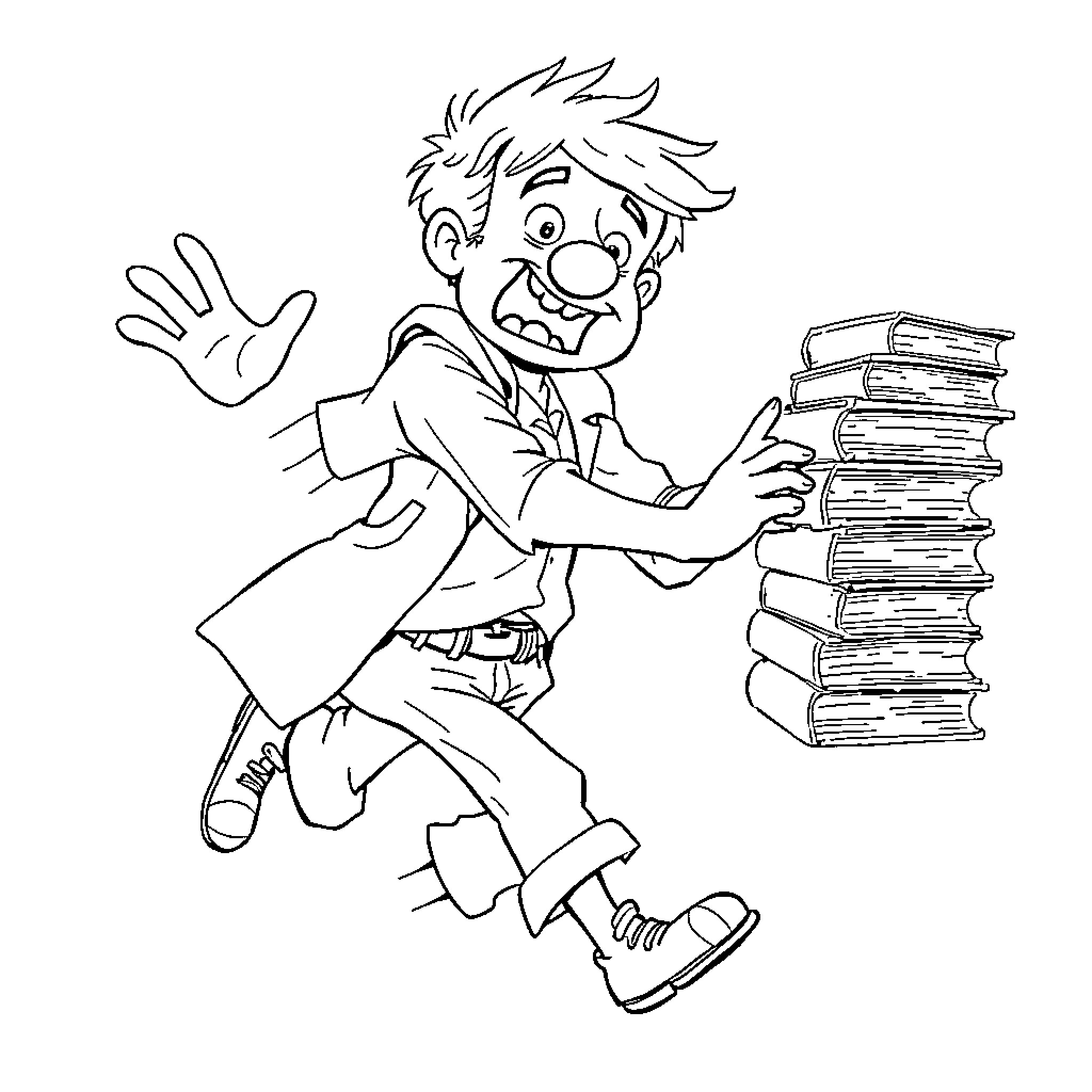 Hans excitedly carrying a stack of books Coloring Page (free black-and-white line drawing printable PDF for all, from beginners to advanced learners, including children, teens, adults, and seniors)