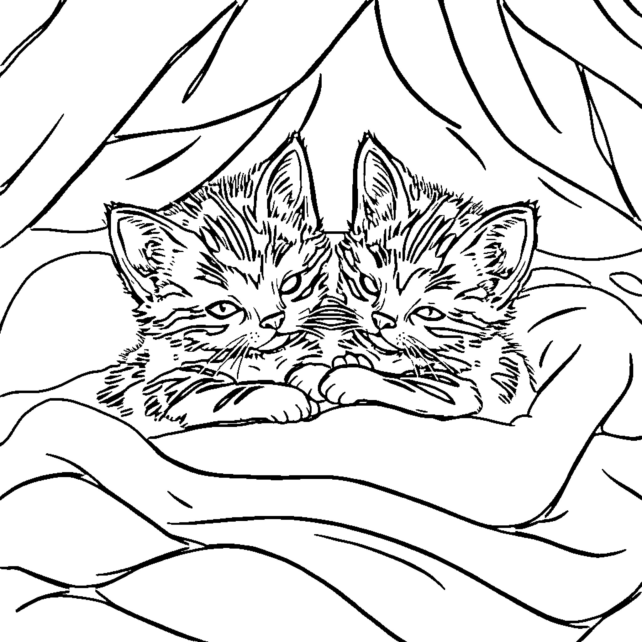 Kittens Cuddling in a Cozy Nest Coloring Page (free black-and-white line drawing printable PDF for all, from beginners to advanced learners, including children, teens, adults, and seniors)