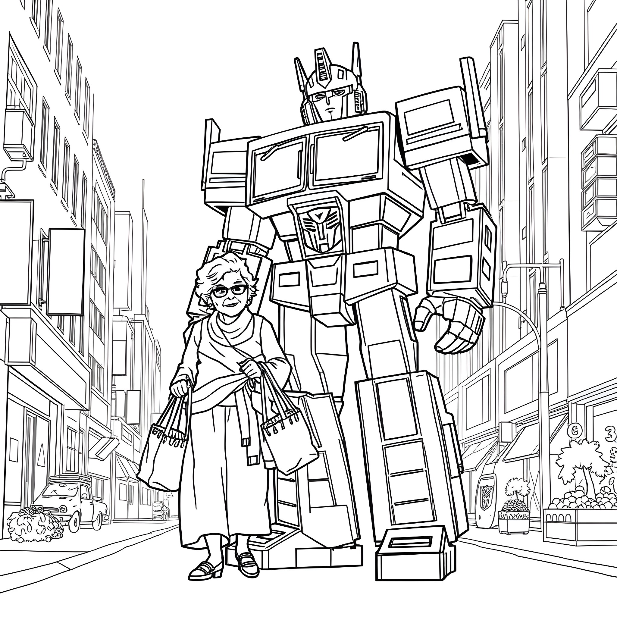 Optimus Prime helps a human shopper in the city Coloring Page (free black-and-white line drawing printable PDF for all, from beginners to advanced learners, including children, teens, adults, and seniors)