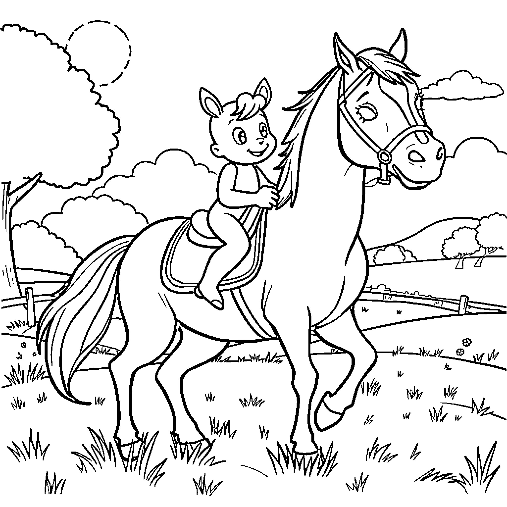 Bluey riding a horse through the countryside Coloring Page (free black-and-white line drawing printable PDF for all, from beginners to advanced learners, including children, teens, adults, and seniors)