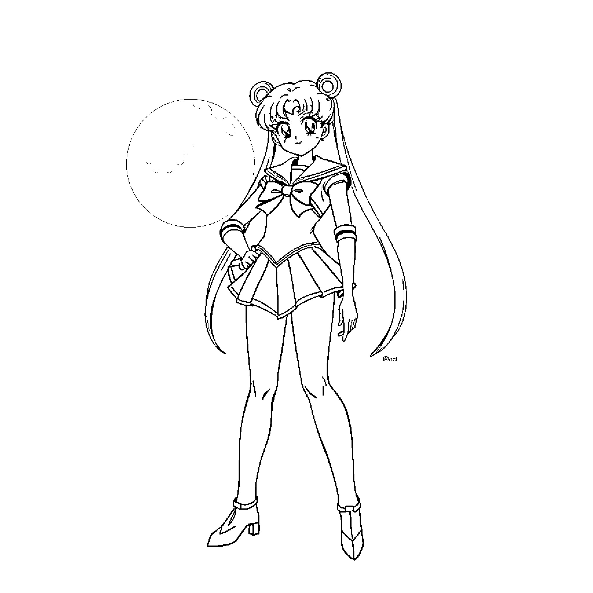 Sailor Moon in a Sailor Uniform Striking a Pose Coloring Page (free black-and-white line drawing printable PDF for all, from beginners to advanced learners, including children, teens, adults, and seniors)