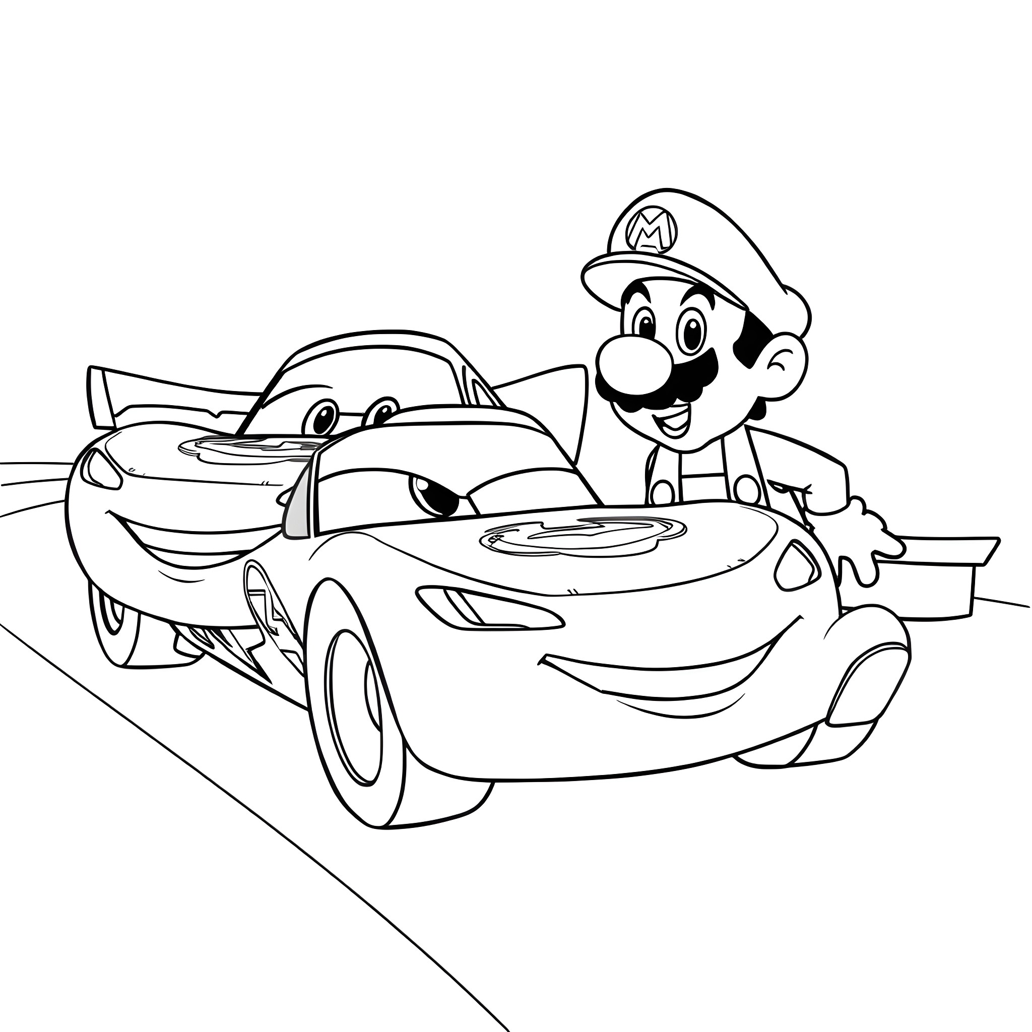 Lightning McQueen and Mario racing together Coloring Page (free black-and-white line drawing printable PDF for all, from beginners to advanced learners, including children, teens, adults, and seniors)