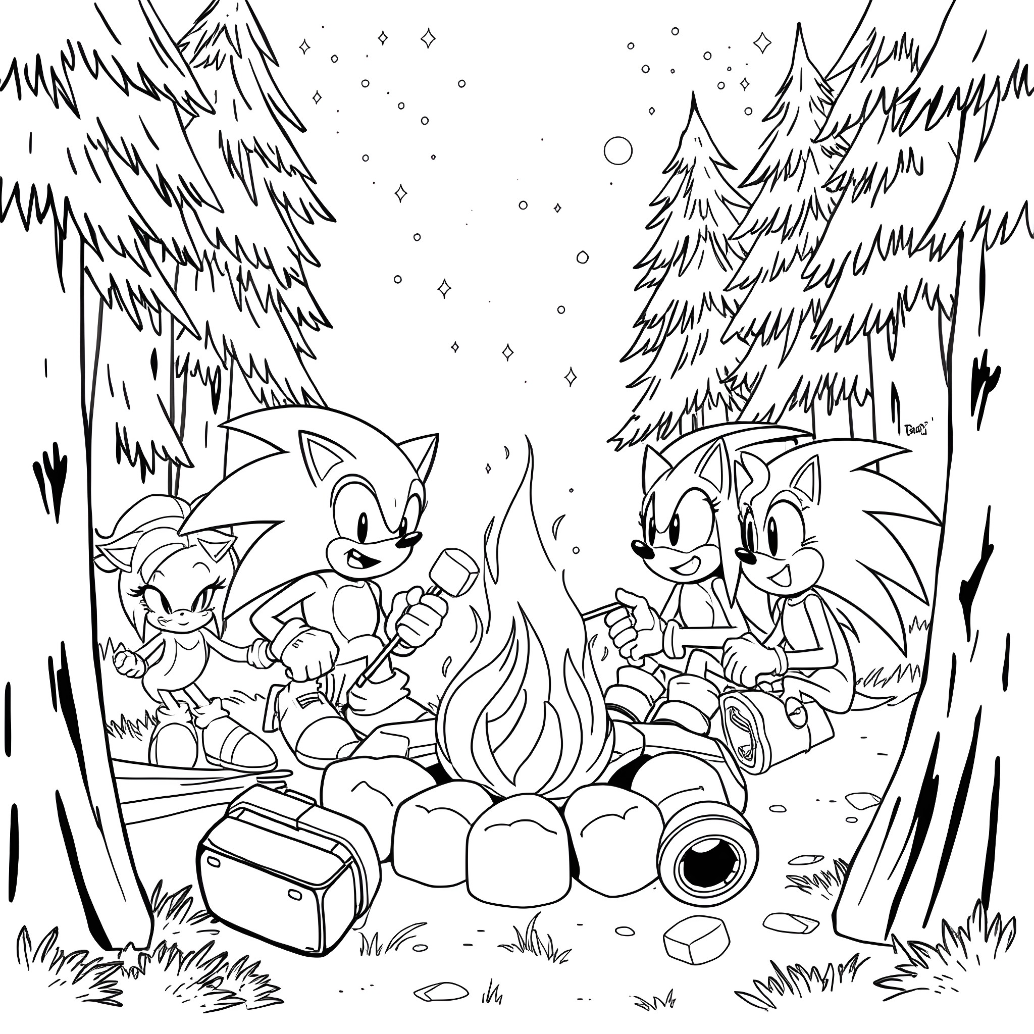 Sonic and Friends' Winter Wonderland Adventure Coloring Page (free black-and-white line drawing printable PDF for all, from beginners to advanced learners, including children, teens, adults, and seniors)