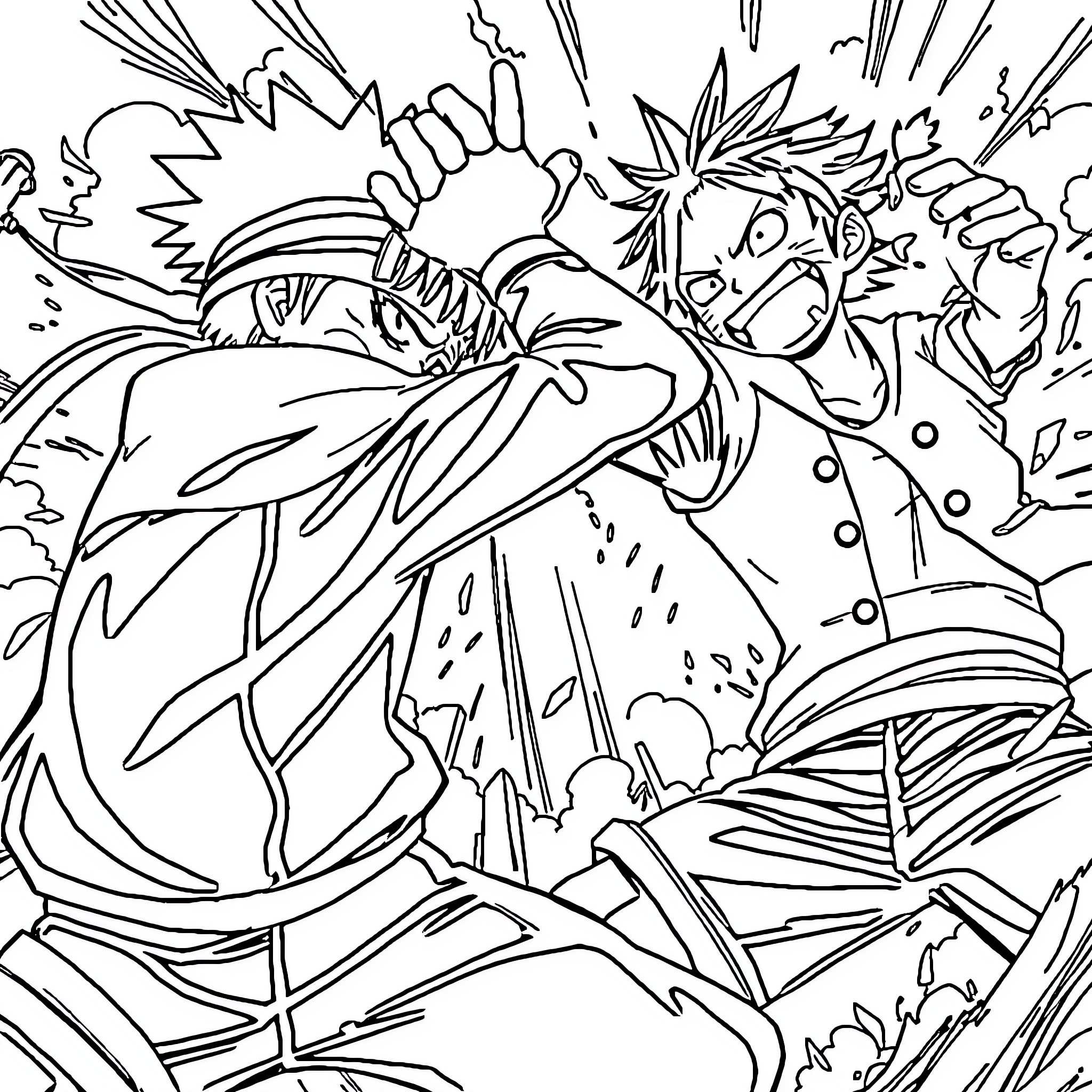 Naruto in intense battle with powerful enemies Coloring Page (free black-and-white line drawing printable PDF for all, from beginners to advanced learners, including children, teens, adults, and seniors)