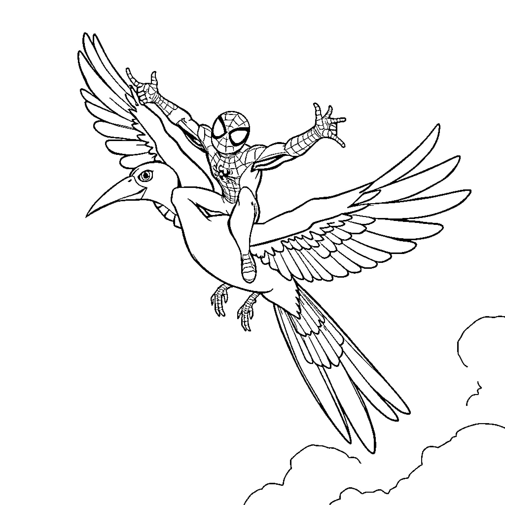 Spidey soaring high on a giant bird Coloring Page (free black-and-white line drawing printable PDF for all, from beginners to advanced learners, including children, teens, adults, and seniors)