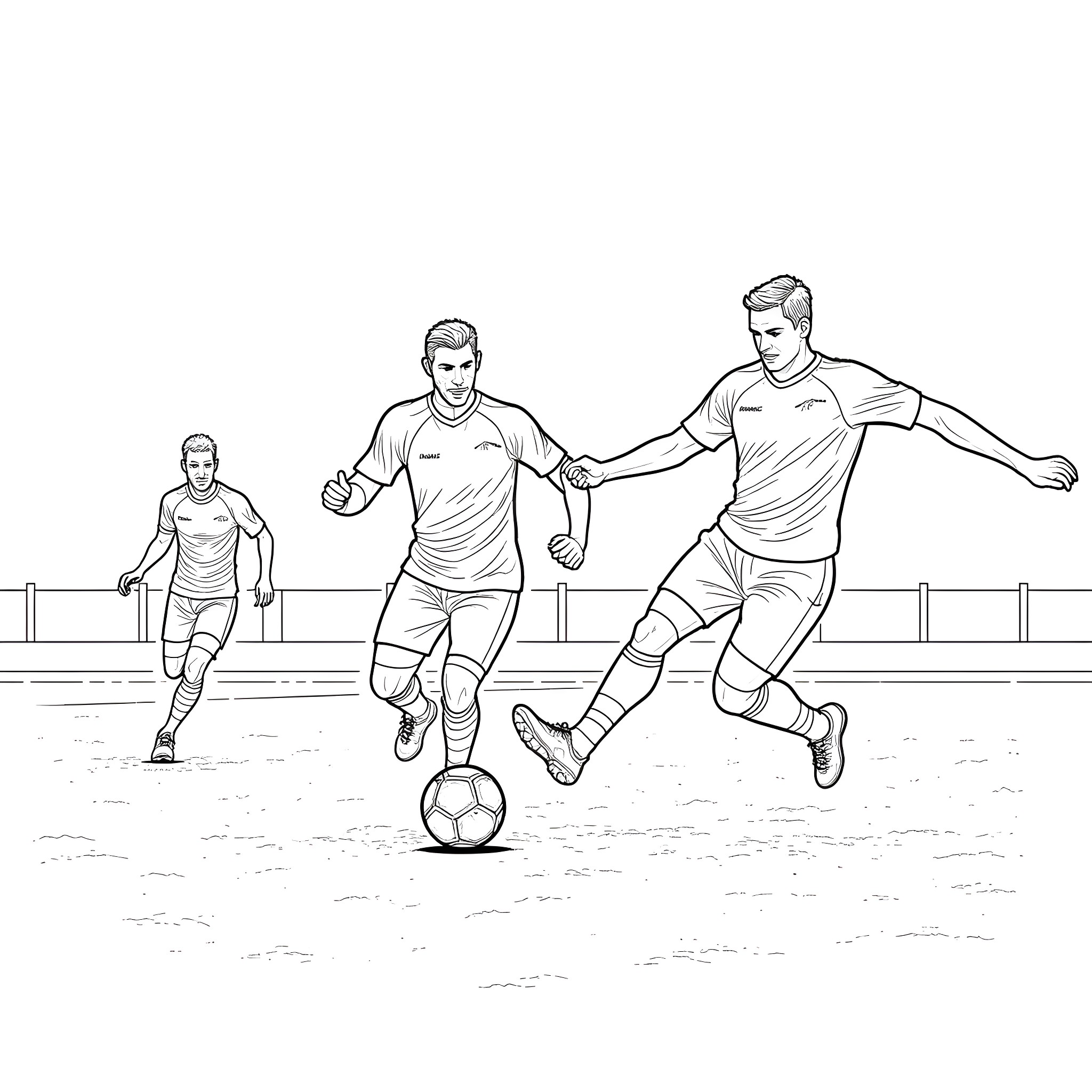 Football players competing on the field Coloring Page (free black-and-white line drawing printable PDF for all, from beginners to advanced learners, including children, teens, adults, and seniors)