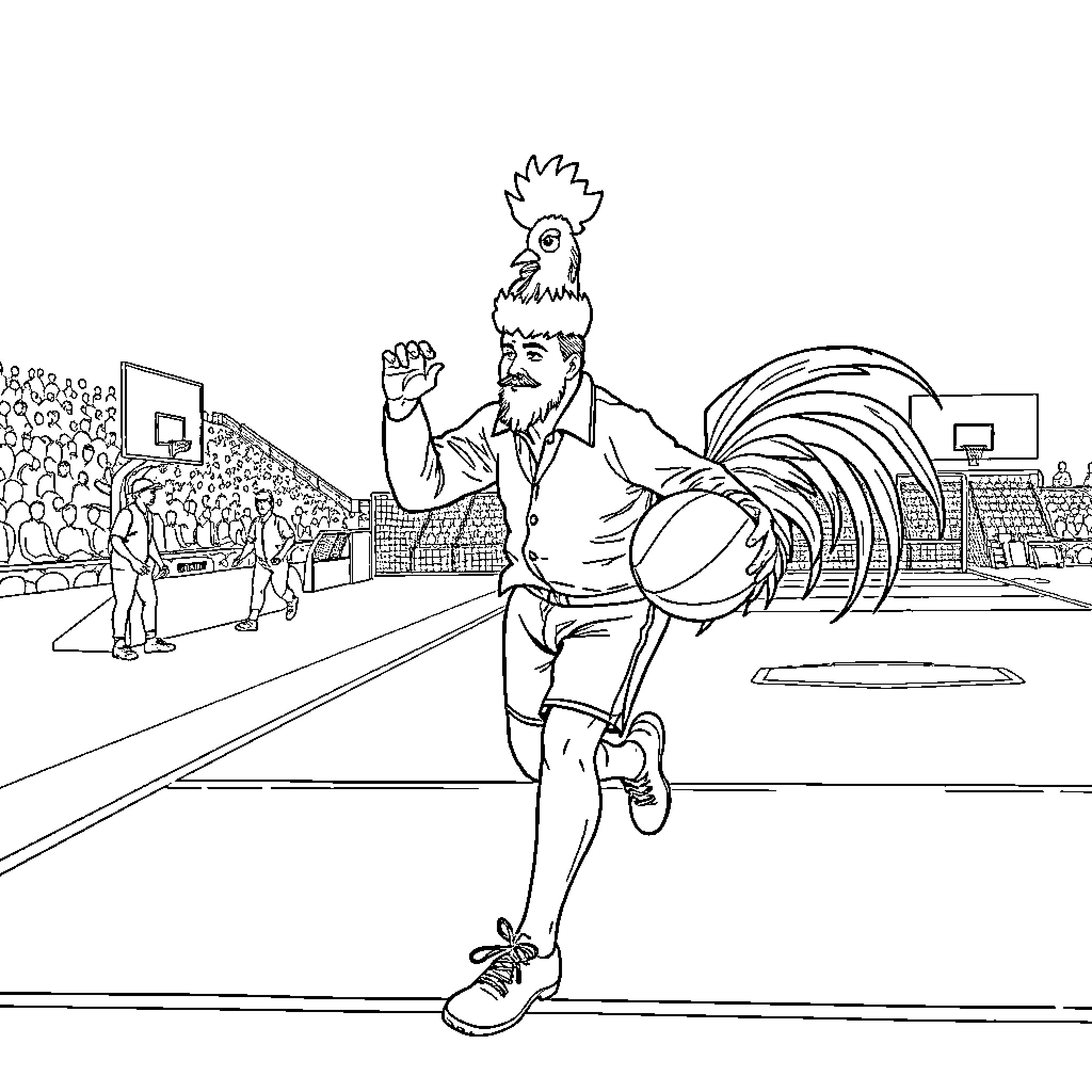 Man in rooster costume running on basketball court Coloring Page (free black-and-white line drawing printable PDF for all, from beginners to advanced learners, including children, teens, adults, and seniors)