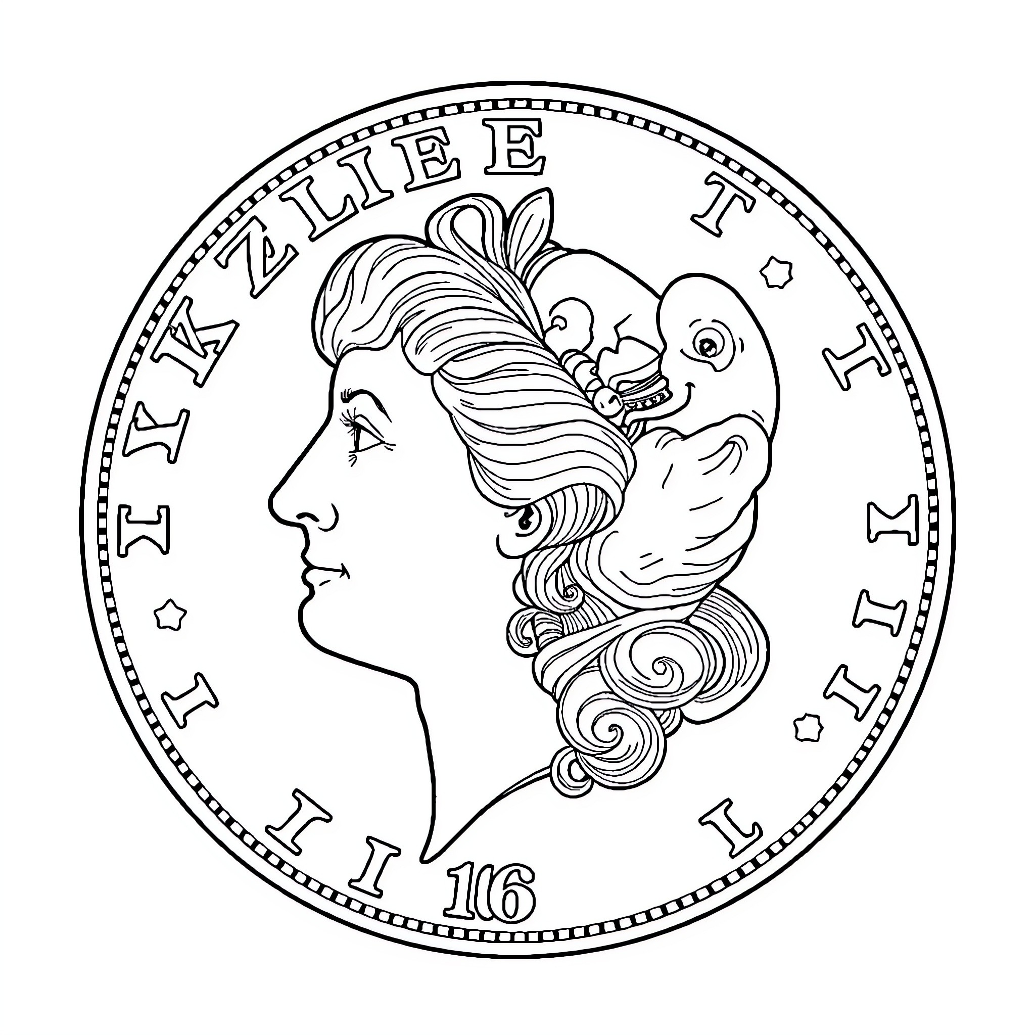 Morgan Silver Dollar: Elegant Woman on Coin Coloring Page (free black-and-white line drawing printable PDF for all, from beginners to advanced learners, including children, teens, adults, and seniors)