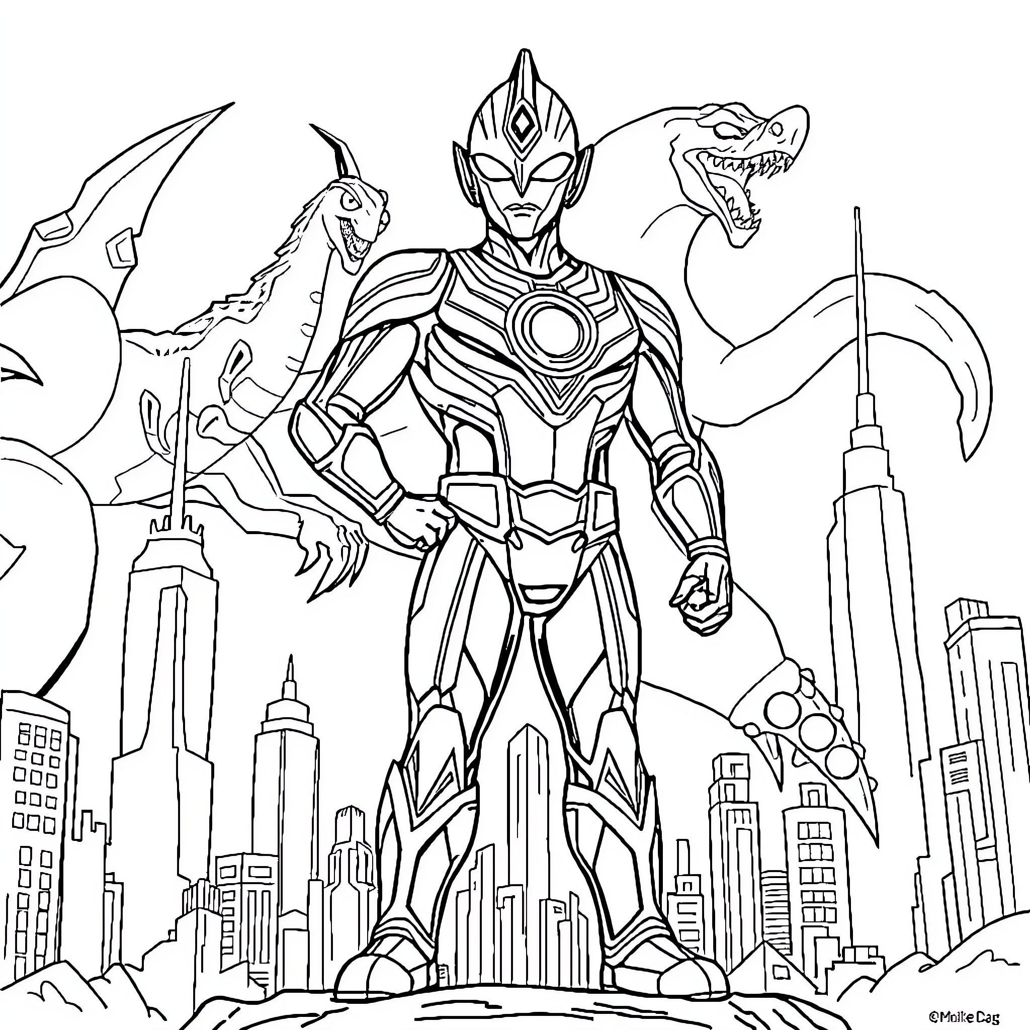 Ultraman confronting giant monsters in the city Coloring Page (free black-and-white line drawing printable PDF for all, from beginners to advanced learners, including children, teens, adults, and seniors)