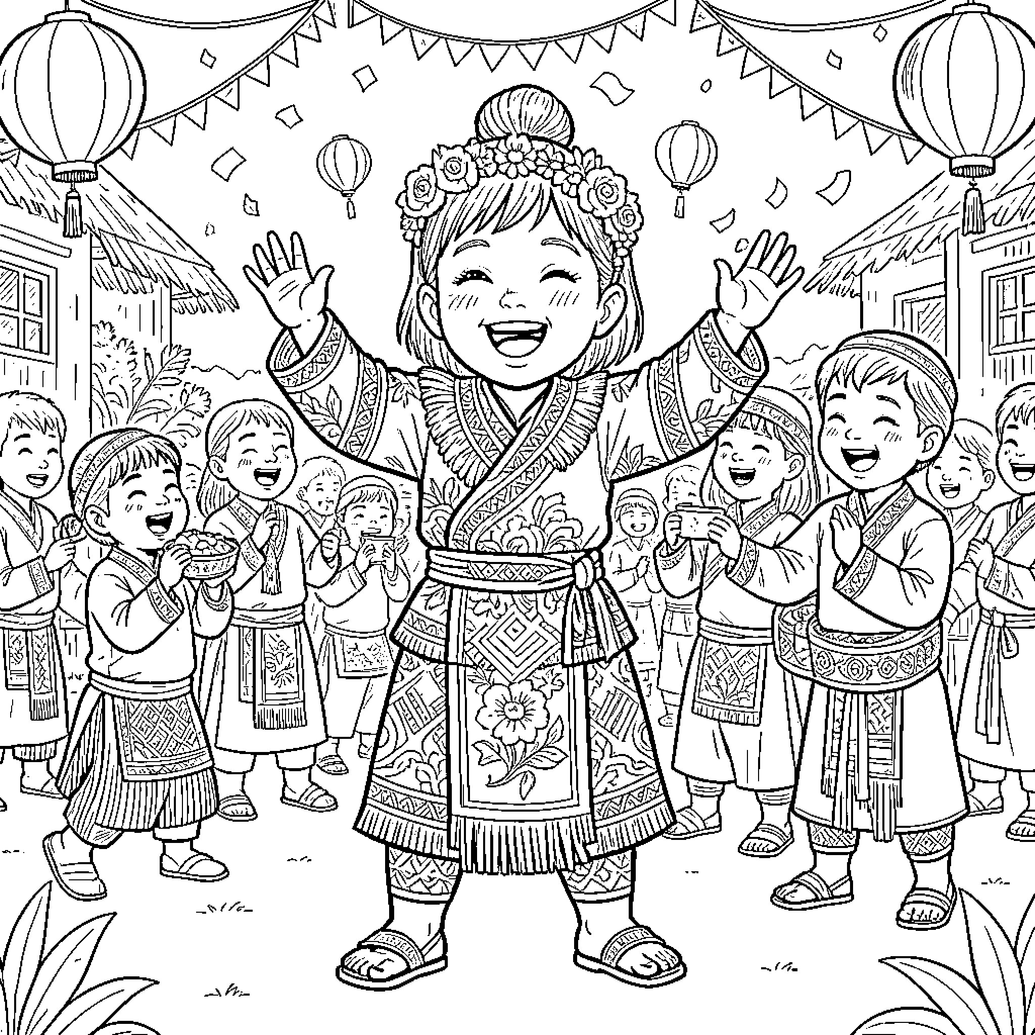 Hmong Child celebrating joyfully in traditional attire Coloring Page (free black-and-white line drawing printable PDF for all, from beginners to advanced learners, including children, teens, adults, and seniors)