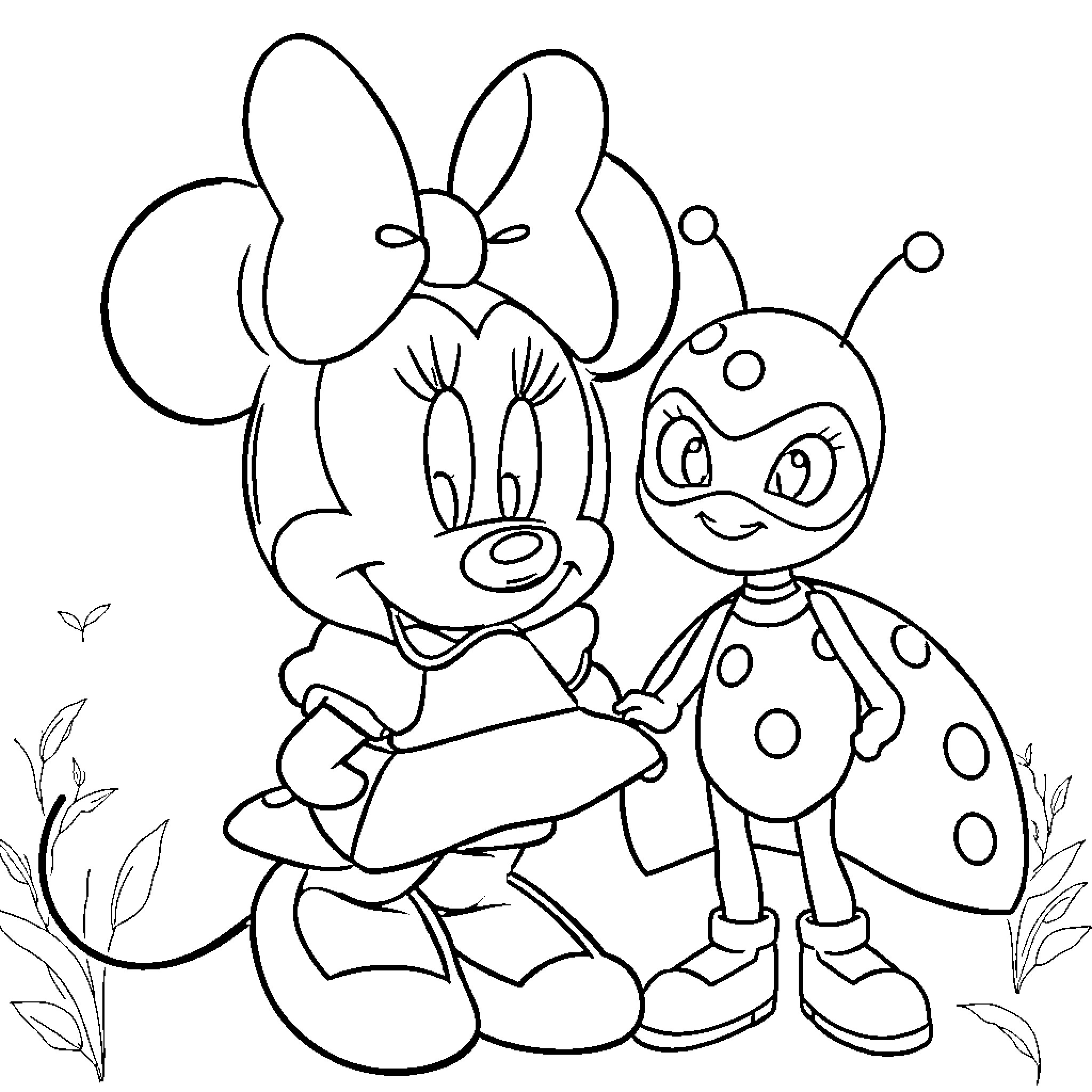 Minnie and Ladybug Friends Exploring Nature Coloring Page (free black-and-white line drawing printable PDF for all, from beginners to advanced learners, including children, teens, adults, and seniors)