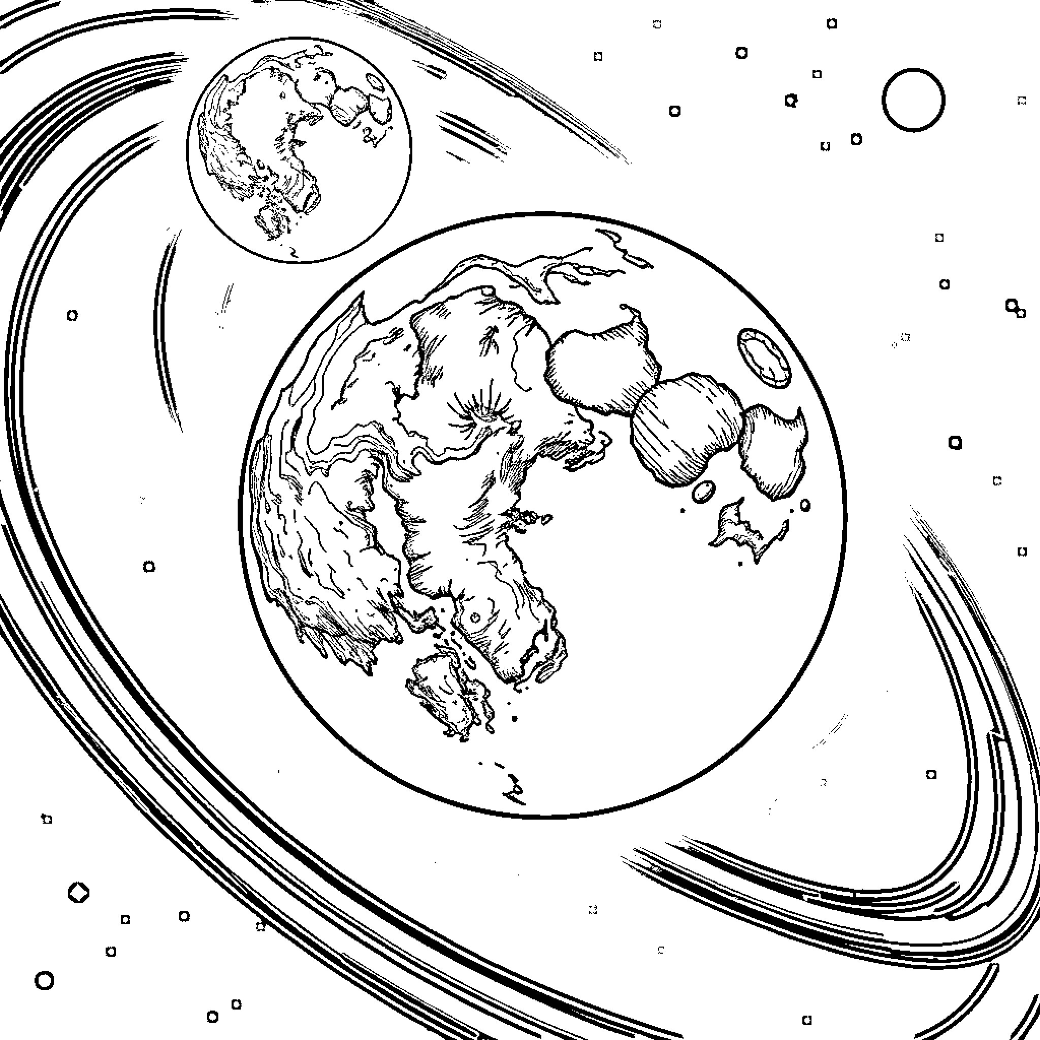 Solar System Planets in Outer Space Coloring Page (free black-and-white line drawing printable PDF for all, from beginners to advanced learners, including children, teens, adults, and seniors)