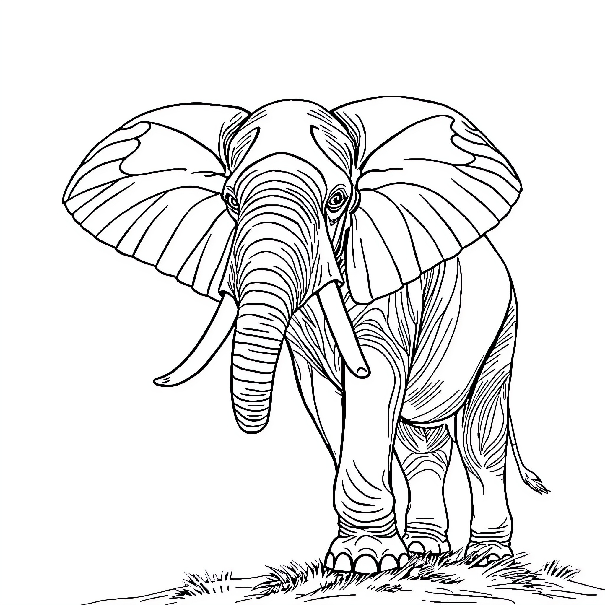 Elephant with Ornate Trunk and Ears Coloring Page (free black-and-white line drawing printable PDF for all, from beginners to advanced learners, including children, teens, adults, and seniors)