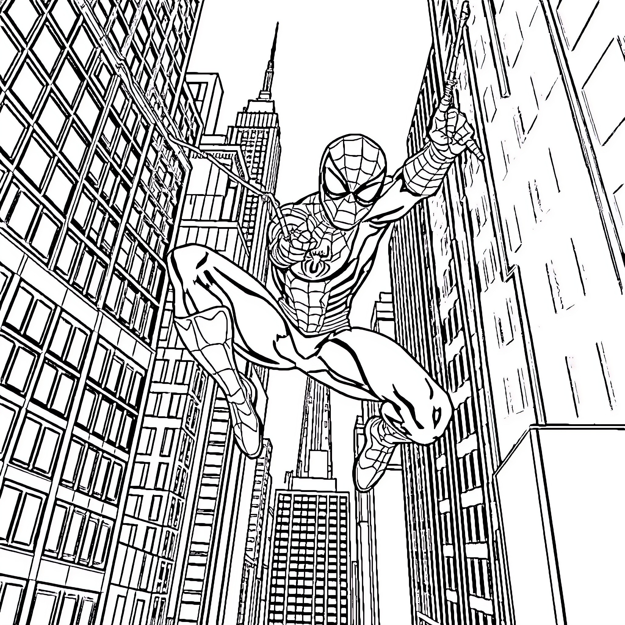 Spiderman swinging through the city skyline Coloring Page (free black-and-white line drawing printable PDF for all, from beginners to advanced learners, including children, teens, adults, and seniors)