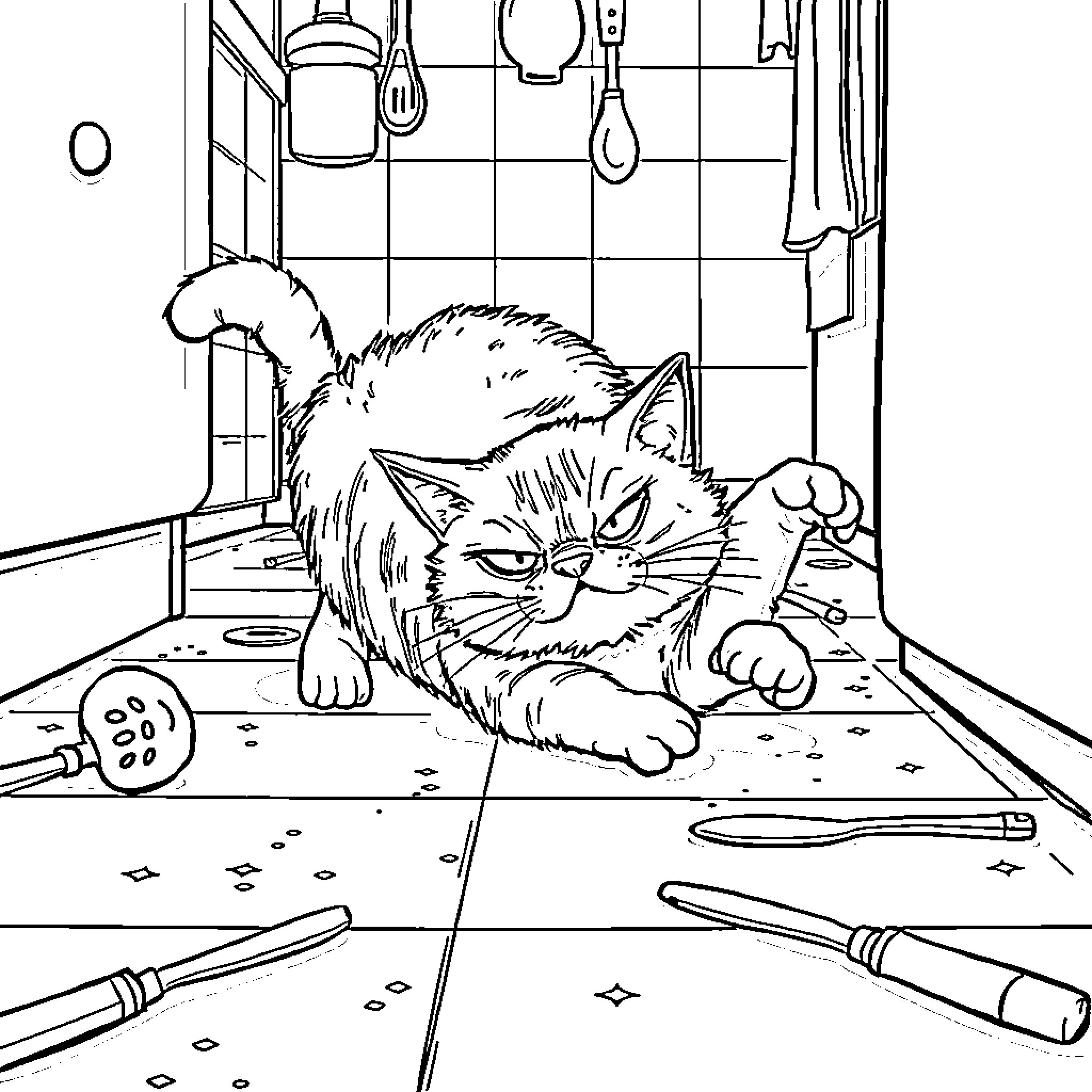 Cat exploring messy workshop space Coloring Page (free black-and-white line drawing printable PDF for all, from beginners to advanced learners, including children, teens, adults, and seniors)