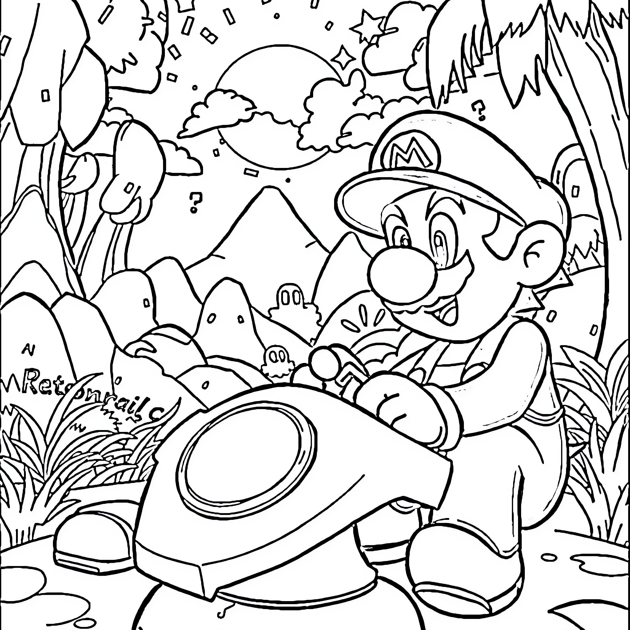 Mario's Adventurous Exploration in the Vibrant Landscape Coloring Page (free black-and-white line drawing printable PDF for all, from beginners to advanced learners, including children, teens, adults, and seniors)
