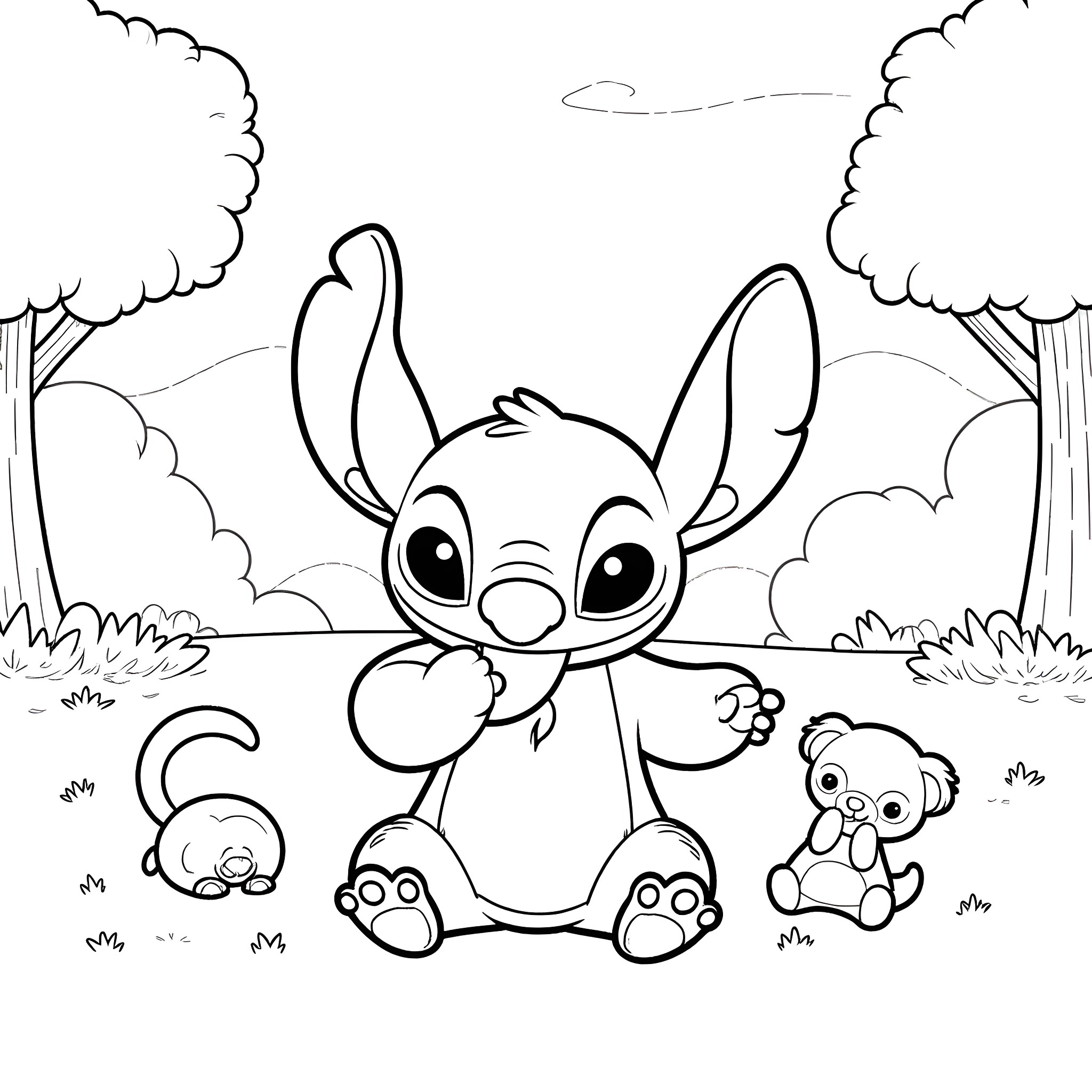 Stitch exploring the enchanted forest with friends Coloring Page (free black-and-white line drawing printable PDF for all, from beginners to advanced learners, including children, teens, adults, and seniors)