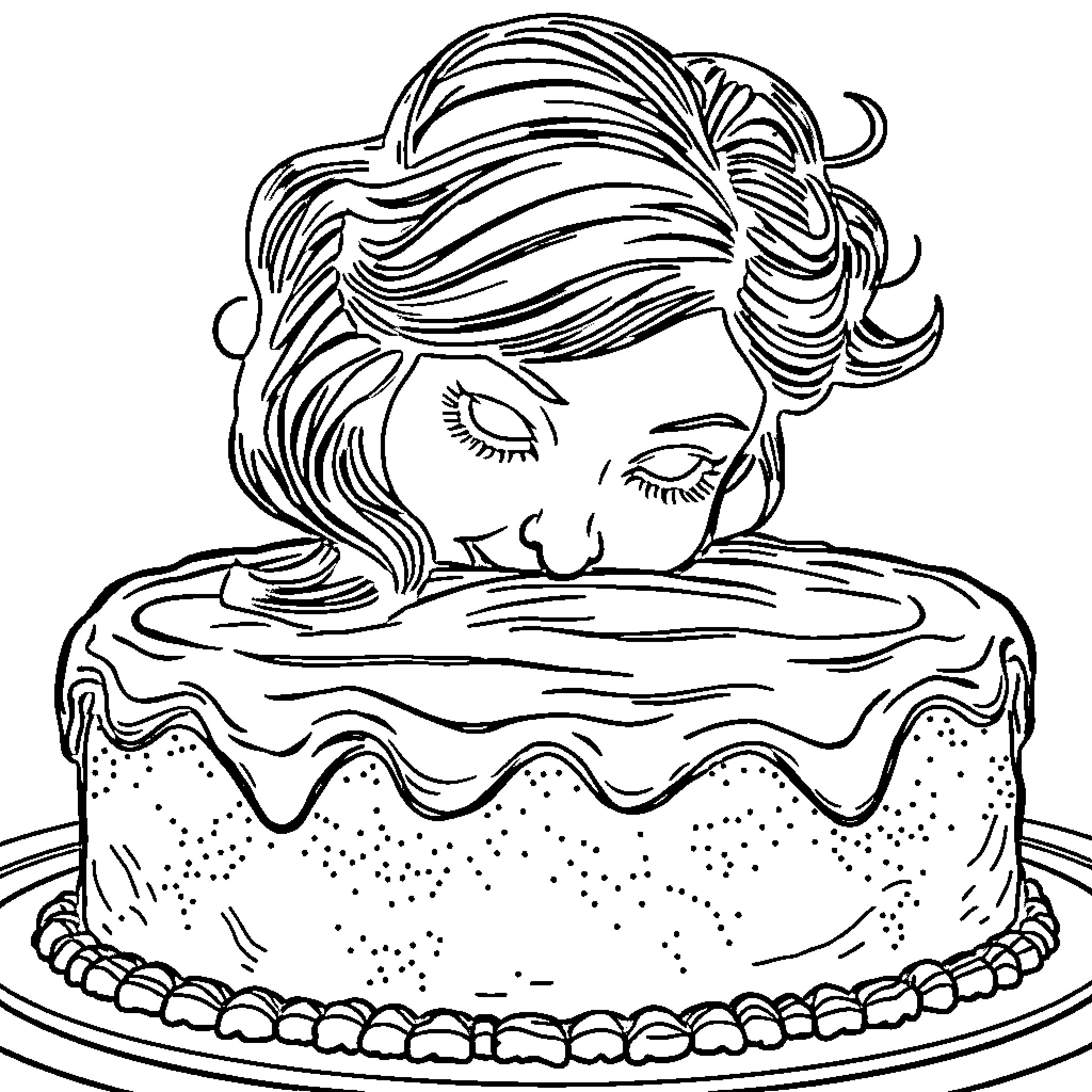 Woman resting her head on a decorated cake Coloring Page (free black-and-white line drawing printable PDF for all, from beginners to advanced learners, including children, teens, adults, and seniors)