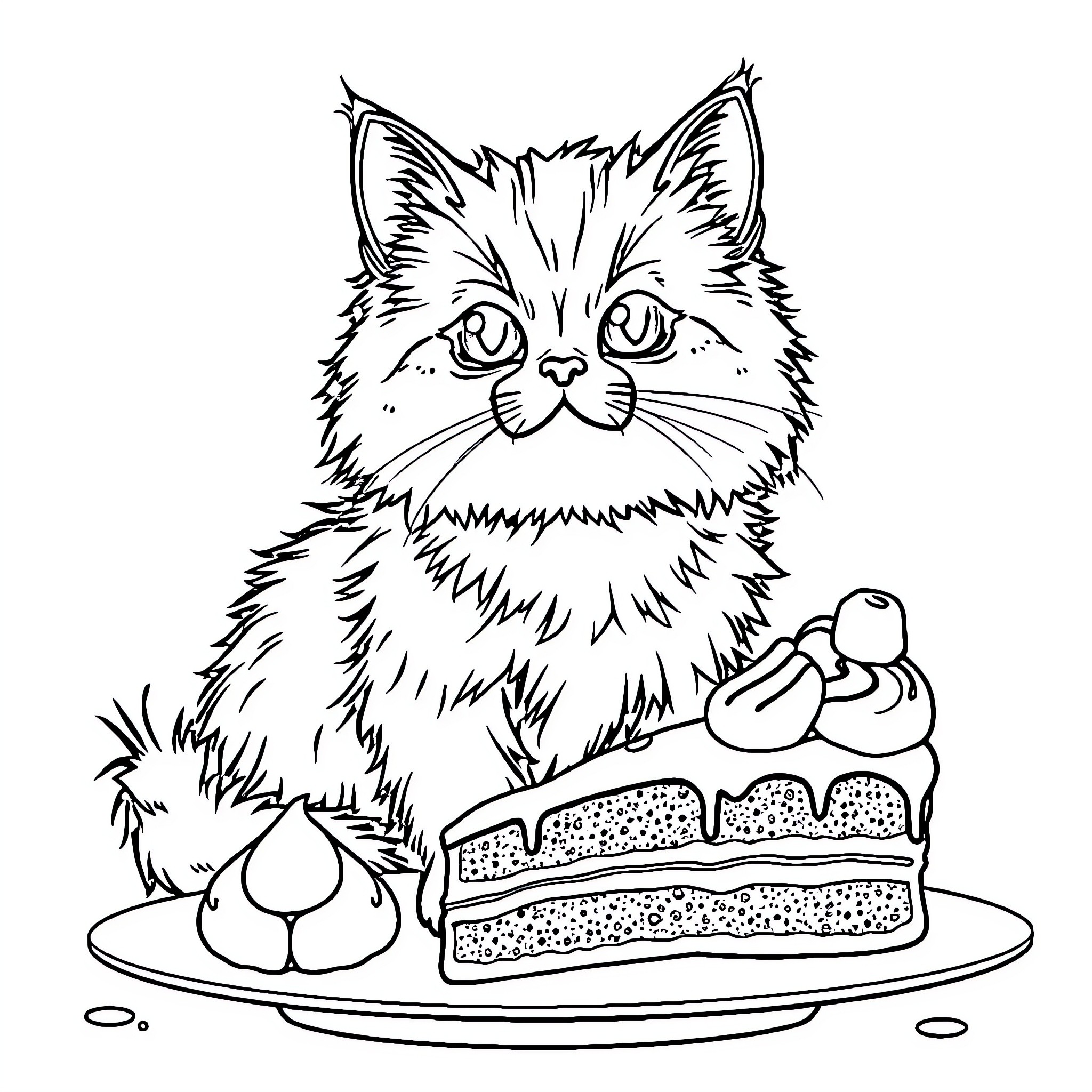 Cat eyeing a tasty cake Coloring Page (free black-and-white line drawing printable PDF for all, from beginners to advanced learners, including children, teens, adults, and seniors)