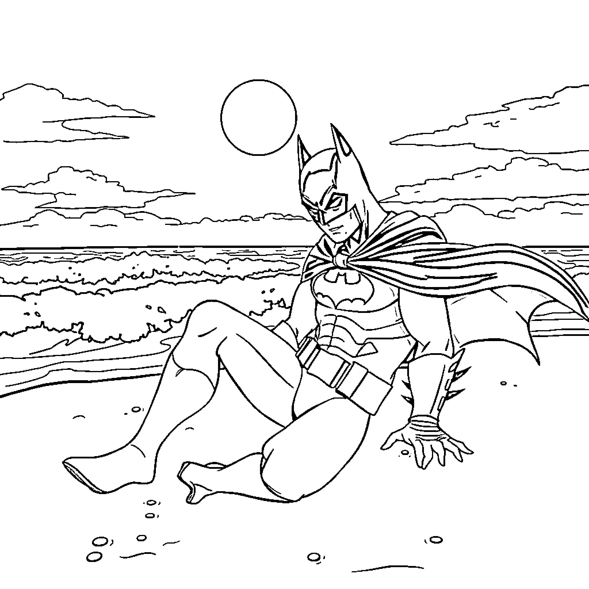 Batman resting on the beach under the moonlight Coloring Page (free black-and-white line drawing printable PDF for all, from beginners to advanced learners, including children, teens, adults, and seniors)