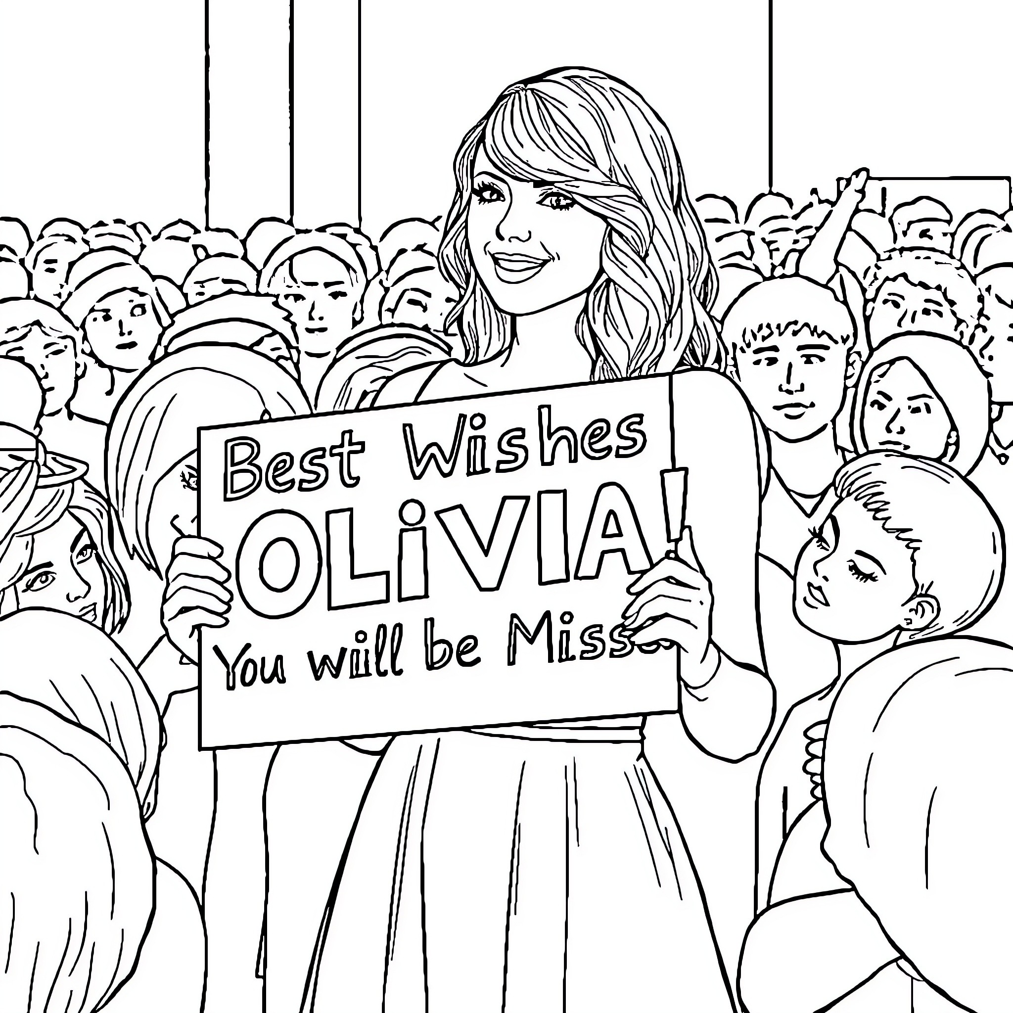 Taylor Swift Bids Farewell to Olivia with Crowd Support Coloring Page (free black-and-white line drawing printable PDF for all, from beginners to advanced learners, including children, teens, adults, and seniors)