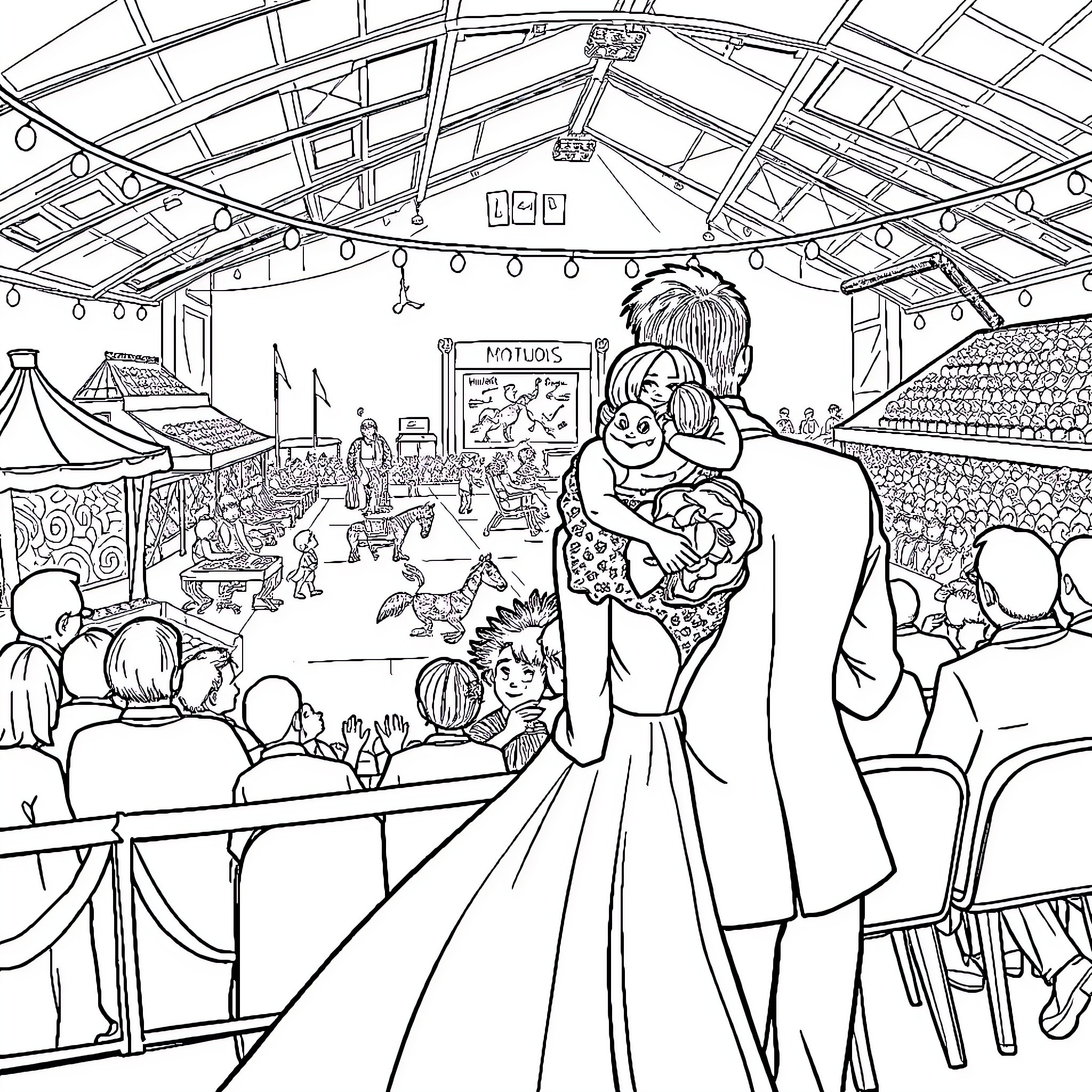 Bride and groom celebrating joyfully at wedding reception Coloring Page (free black-and-white line drawing printable PDF for all, from beginners to advanced learners, including children, teens, adults, and seniors)