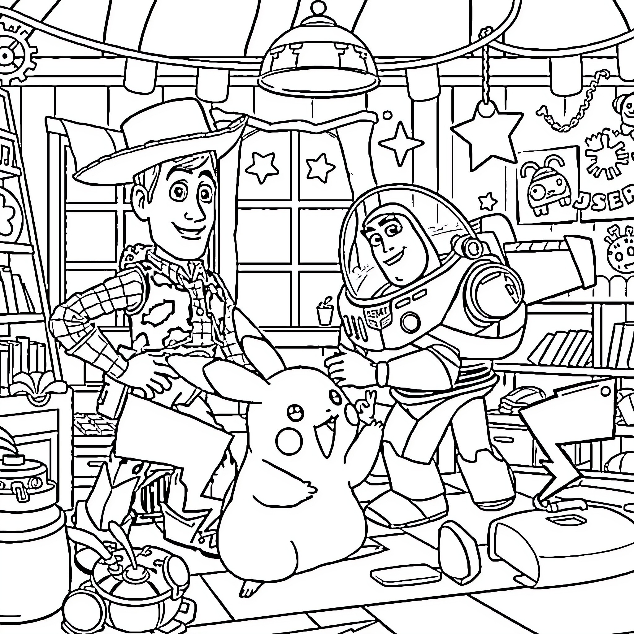 Toy Story Characters in Playful Adventure Coloring Page (free black-and-white line drawing printable PDF for all, from beginners to advanced learners, including children, teens, adults, and seniors)