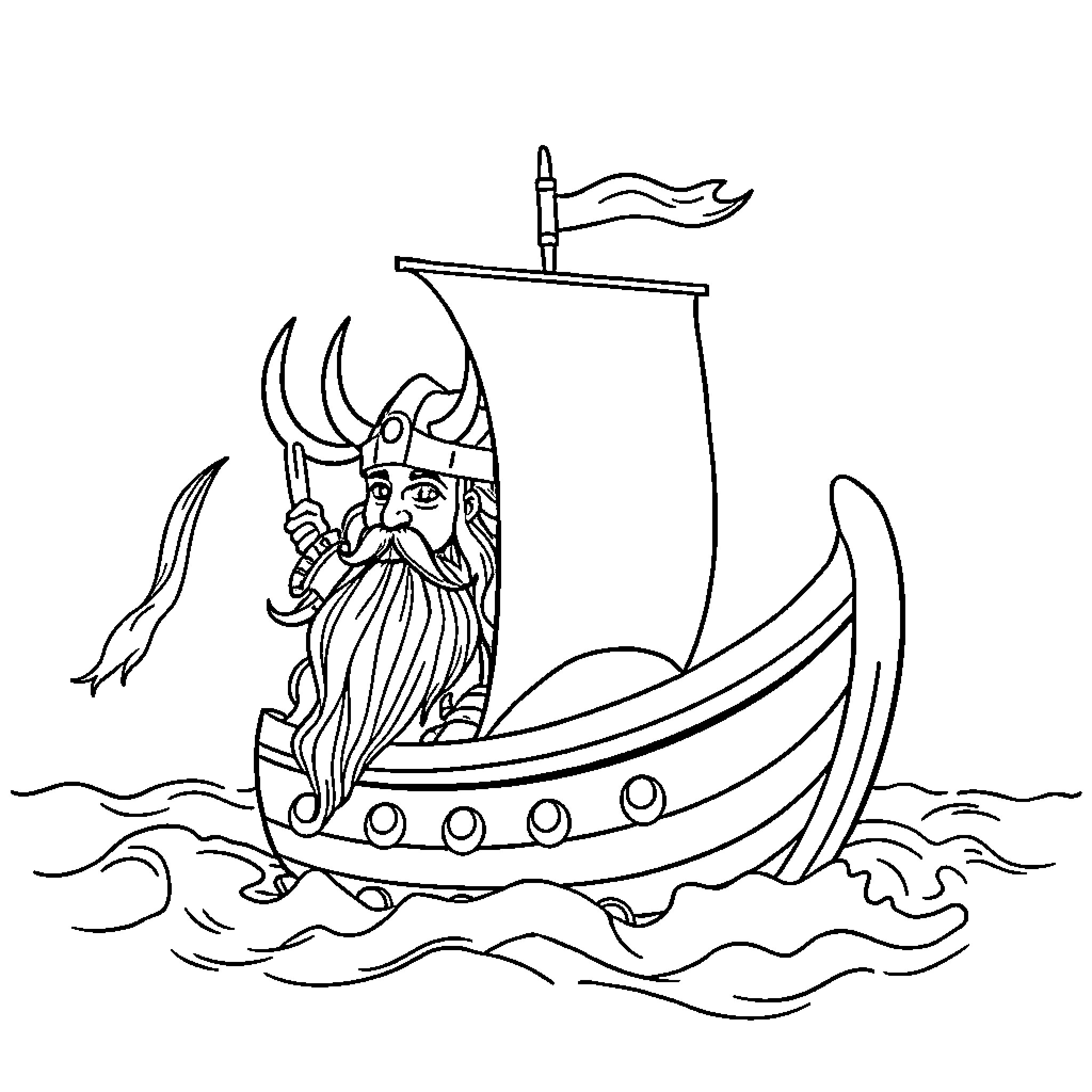 Barco Viking sailing on the open sea Coloring Page (free black-and-white line drawing printable PDF for all, from beginners to advanced learners, including children, teens, adults, and seniors)
