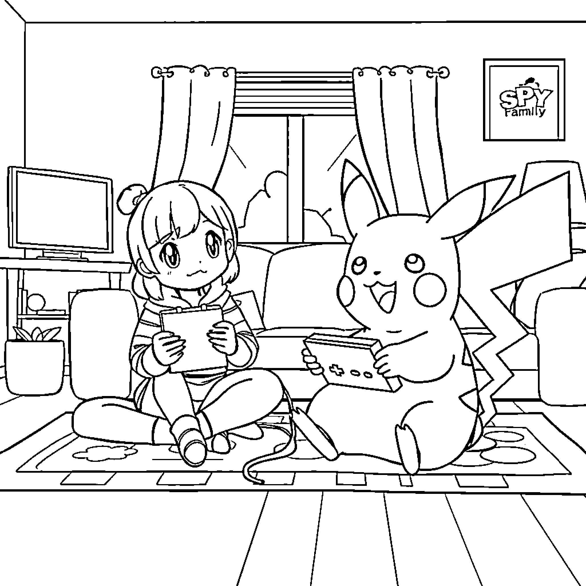 Pikachu playing video games with a child Coloring Page (free black-and-white line drawing printable PDF for all, from beginners to advanced learners, including children, teens, adults, and seniors)